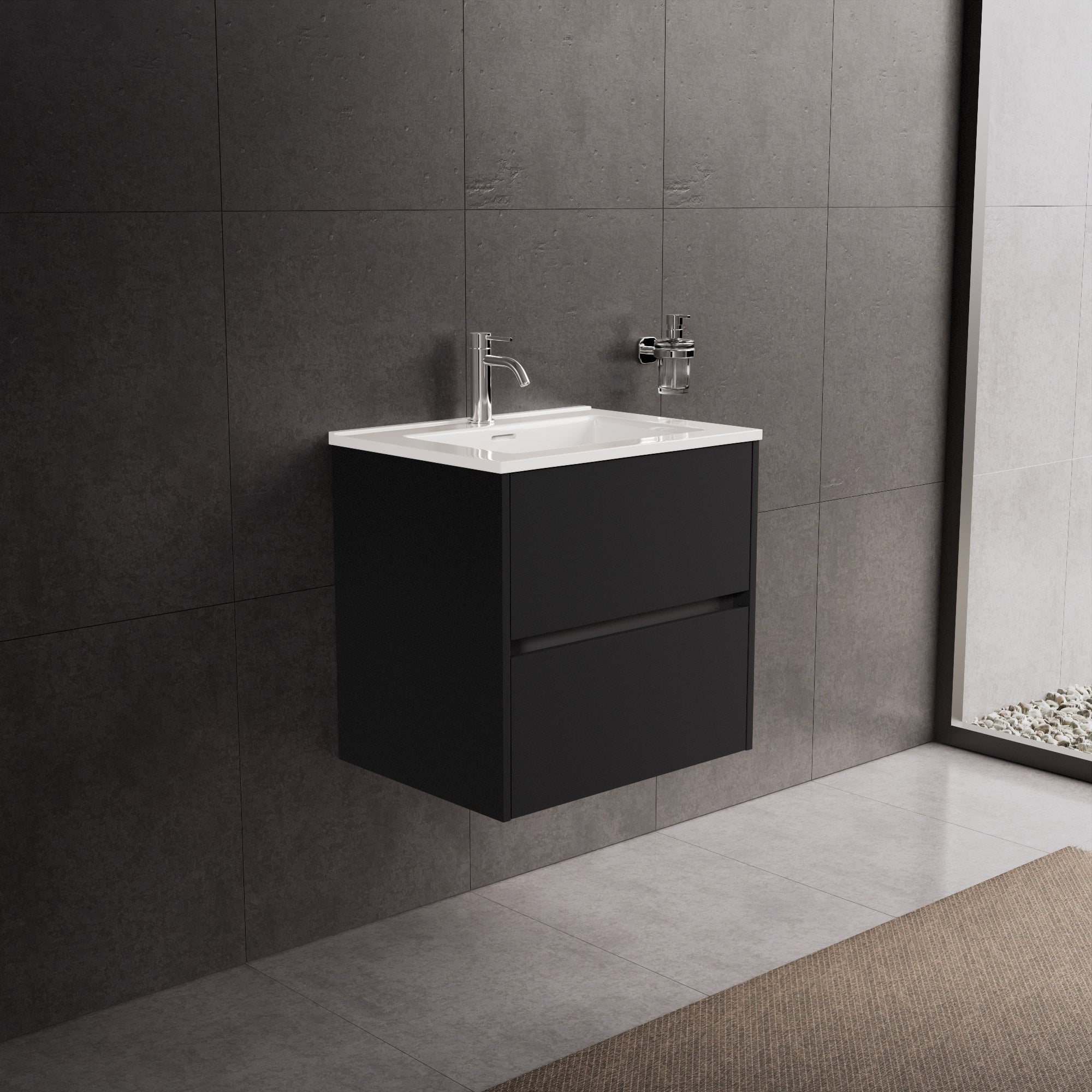 Inda - Mobile bagno L.60 con lavabo lucido / Nero opaco 2 cassetti - Diamante