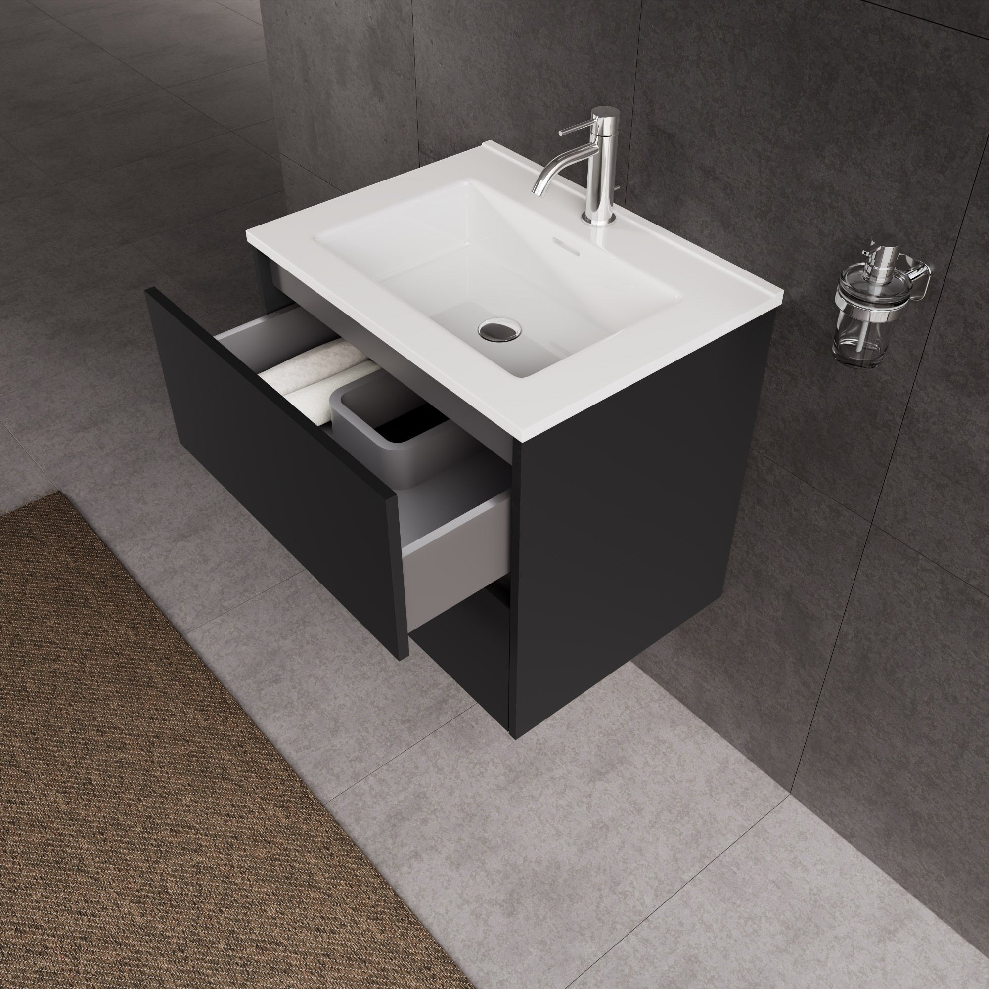 Inda - Mobile bagno L.60 con lavabo lucido / Nero opaco 2 cassetti - Diamante