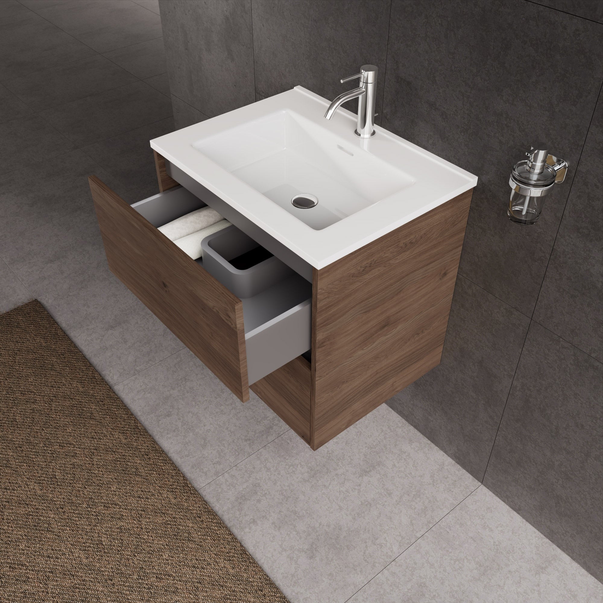 Inda - Mobile bagno L.60 con lavabo lucido / Rovere castano 2 cassetti - Diamante