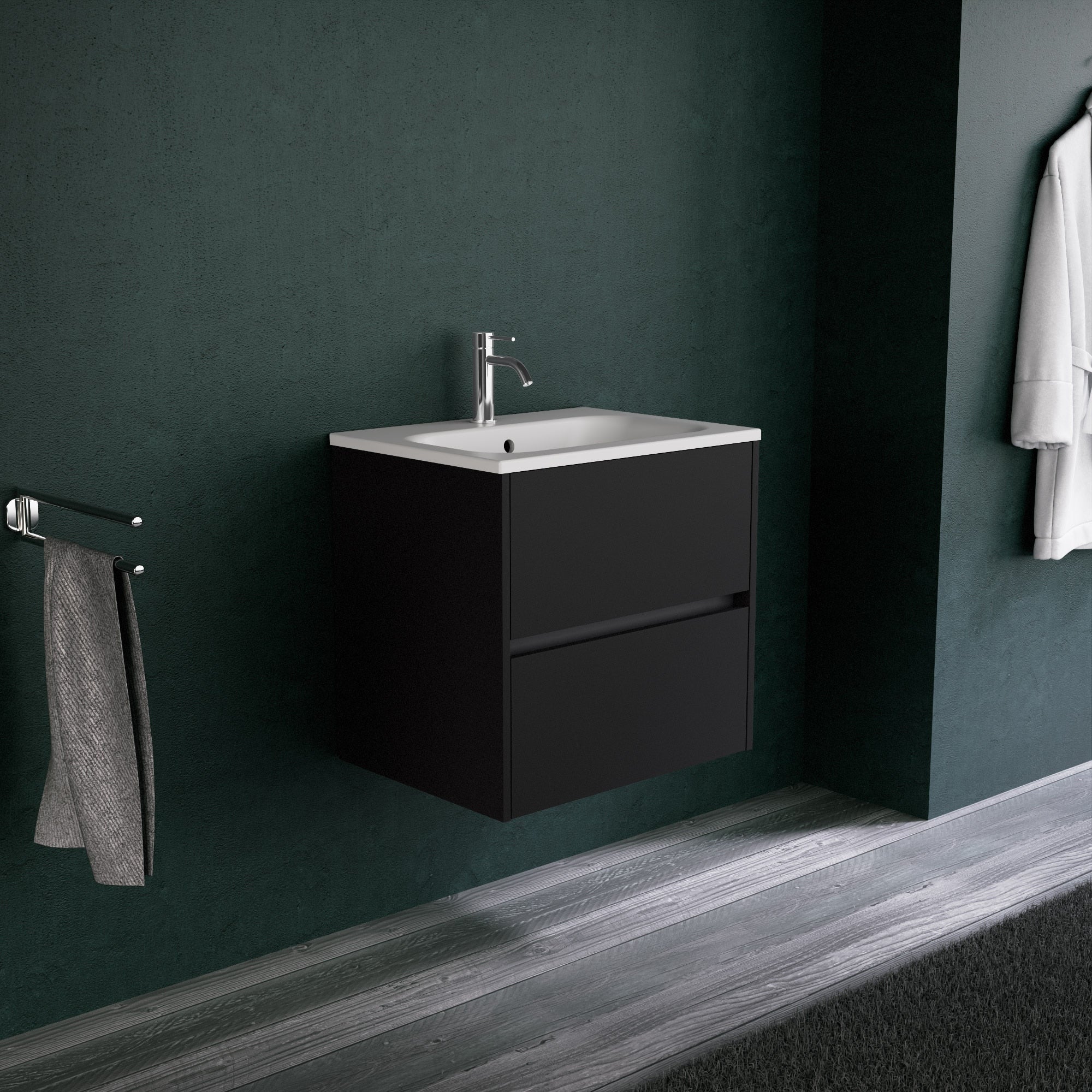Inda - Mobile bagno L.60 con lavabo opaco / Nero opaco 2 cassetti - Diamante
