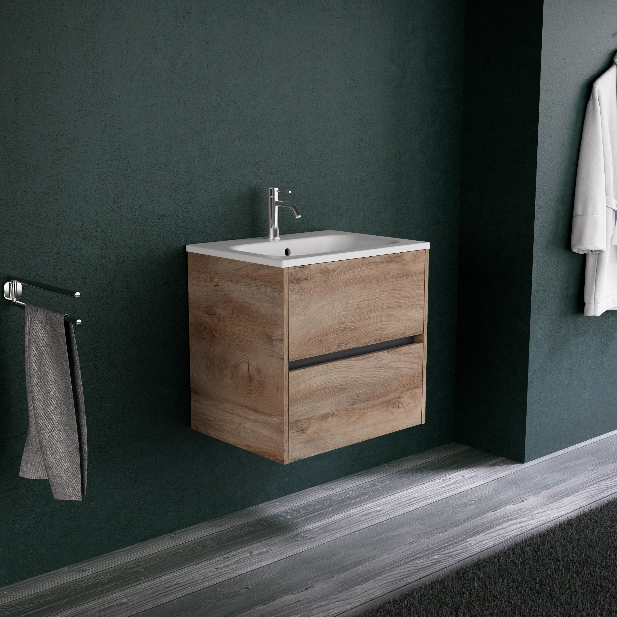 Inda - Mobile bagno L.60 con lavabo opaco / Rovere naturale 2 cassetti - Diamante