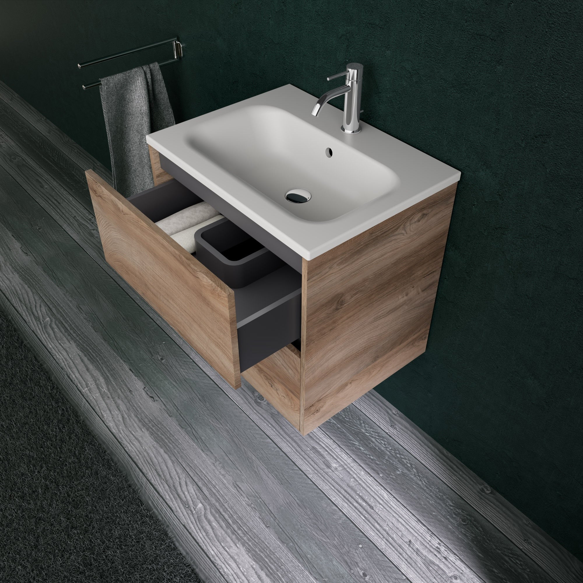 Inda - Mobile bagno L.60 con lavabo opaco / Rovere naturale 2 cassetti - Diamante