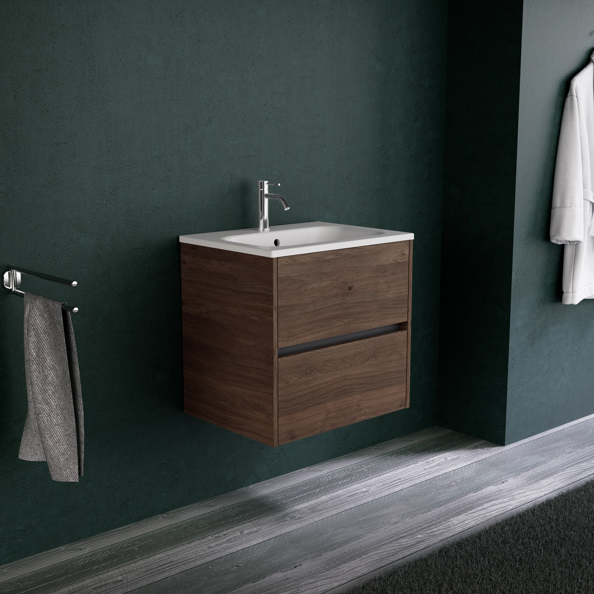 Inda - Mobile bagno L.60 con lavabo opaco / Rovere castano 2 cassetti - Diamante