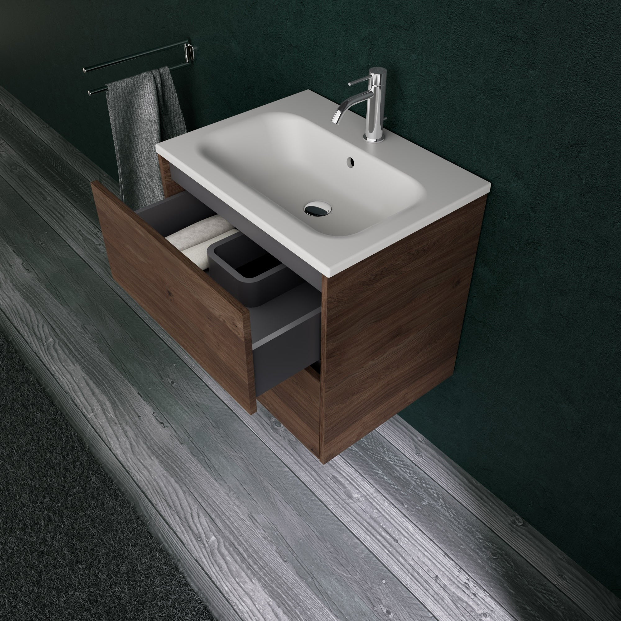 Inda - Mobile bagno L.60 con lavabo opaco / Rovere castano 2 cassetti - Diamante