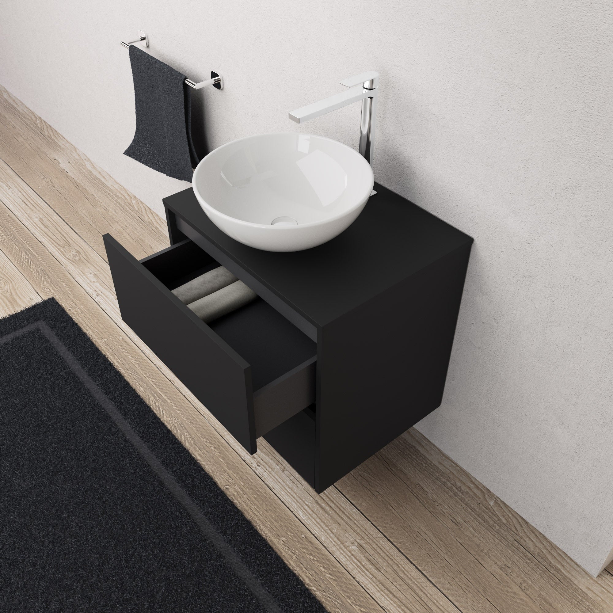 Inda - Mobile bagno L.60 con lavabo in appoggio / Nero opaco 2 cassetti - Diamante