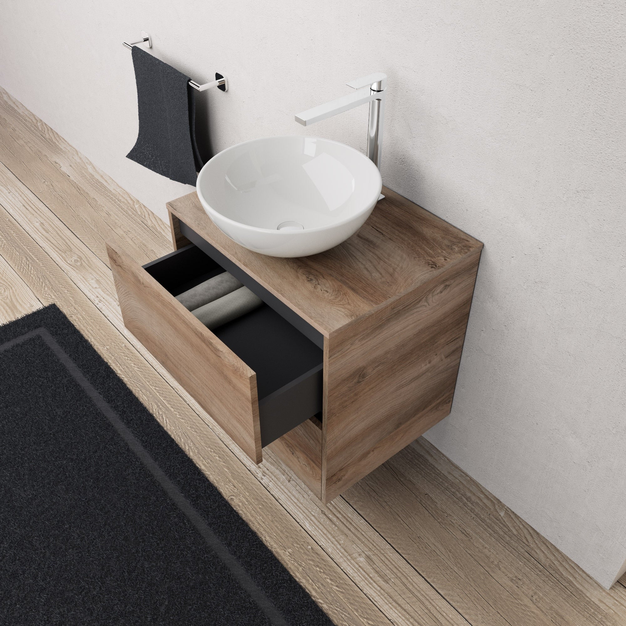 Inda - Mobile bagno L.60 con lavabo in appoggio / Rovere naturale 2 cassetti - Diamante