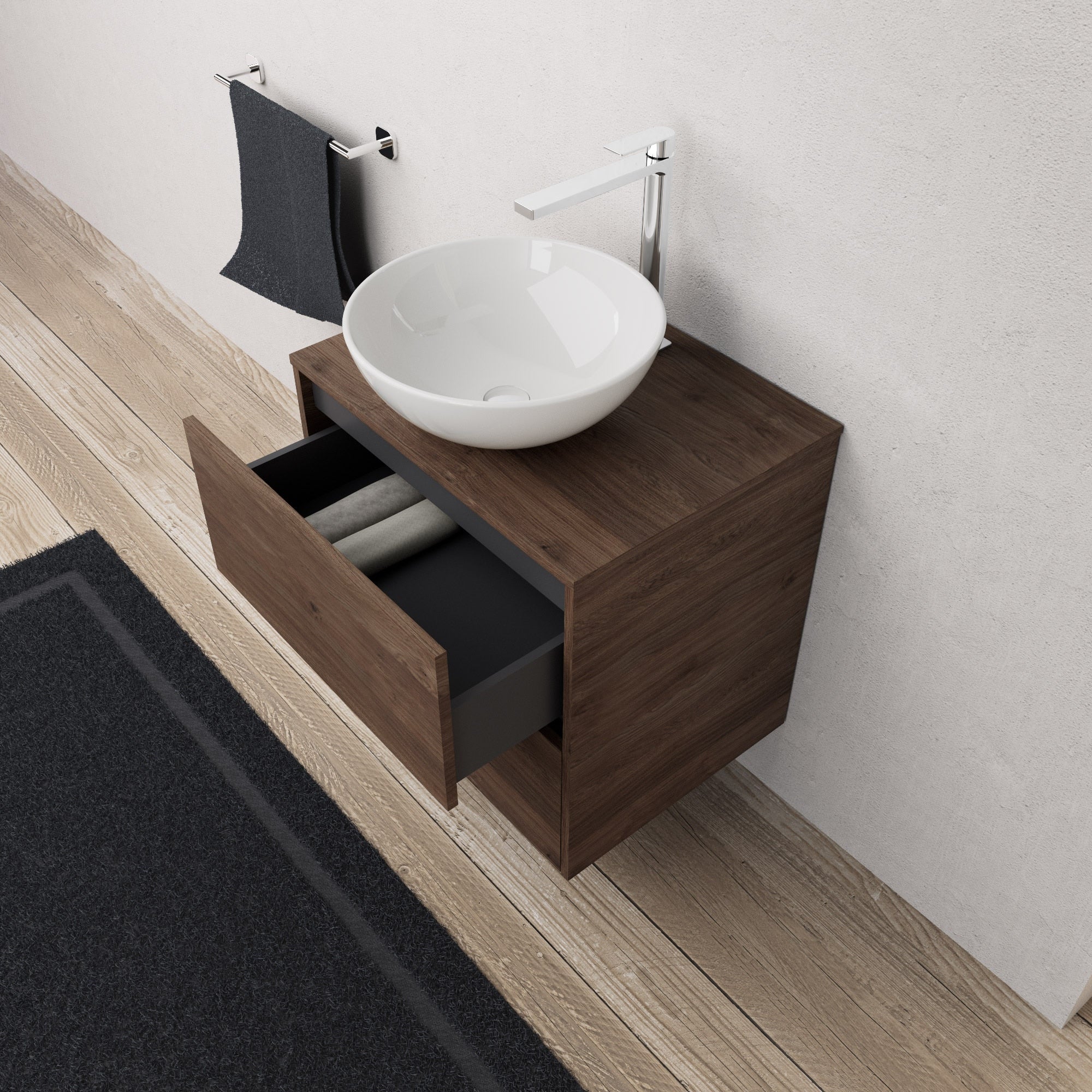 Inda - Mobile bagno L.60 con lavabo in appoggio / Rovere castano 2 cassetti - Diamante