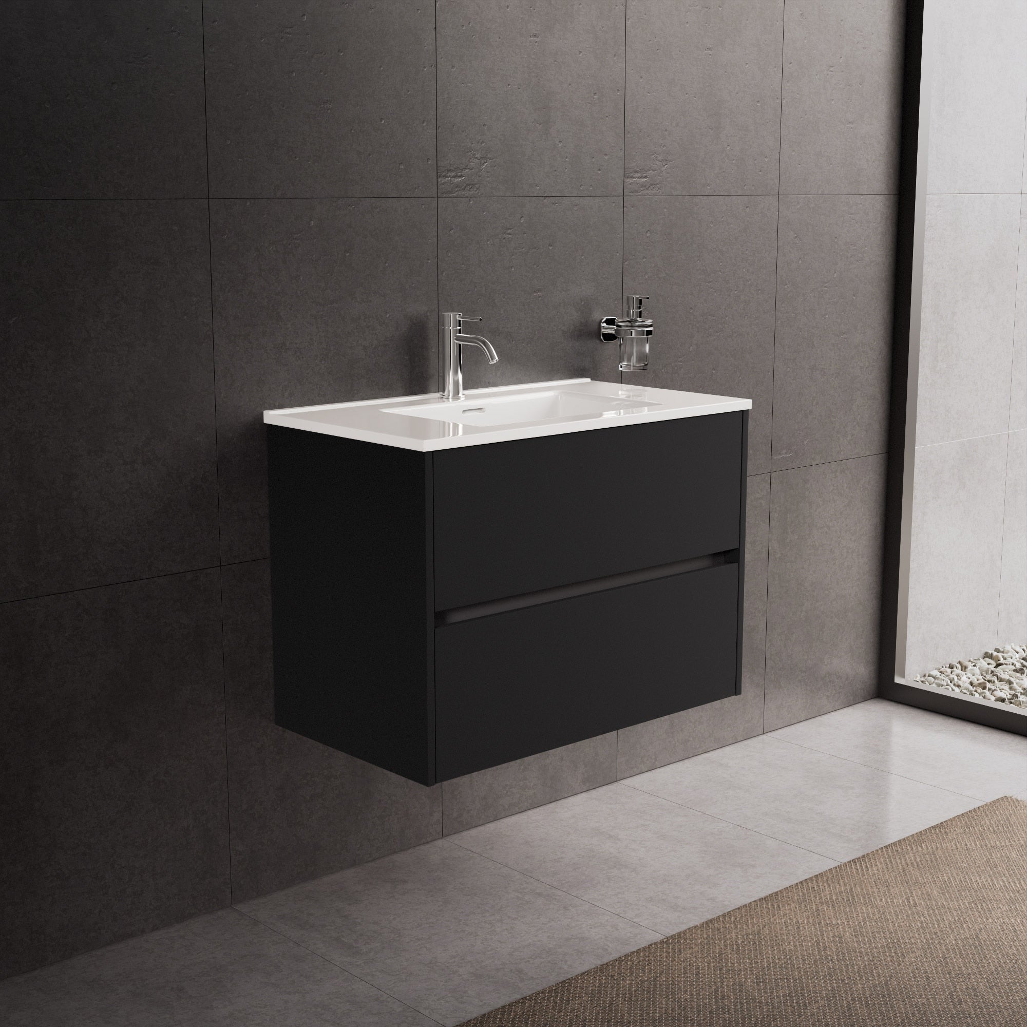 Inda - Mobile bagno L.80 con lavabo lucido / Nero opaco 2 cassetti - Diamante