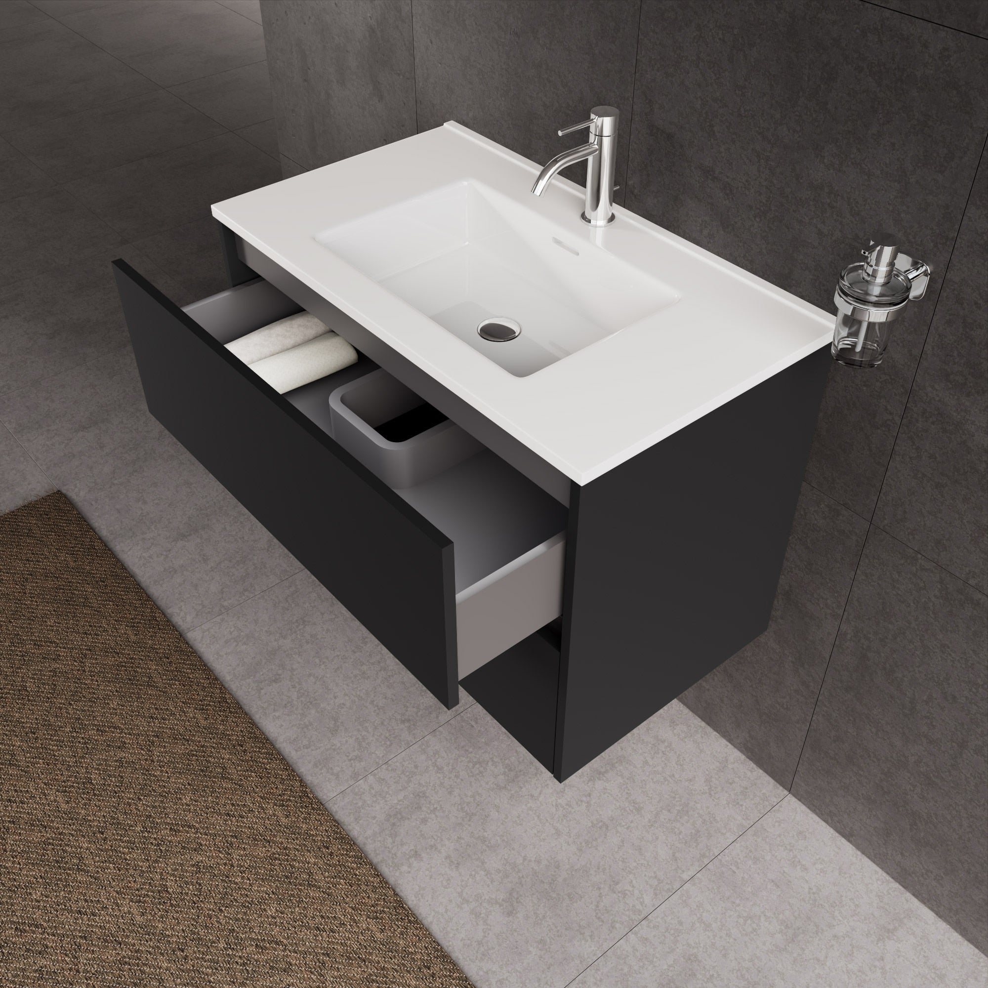 Inda - Mobile bagno L.80 con lavabo lucido / Nero opaco 2 cassetti - Diamante