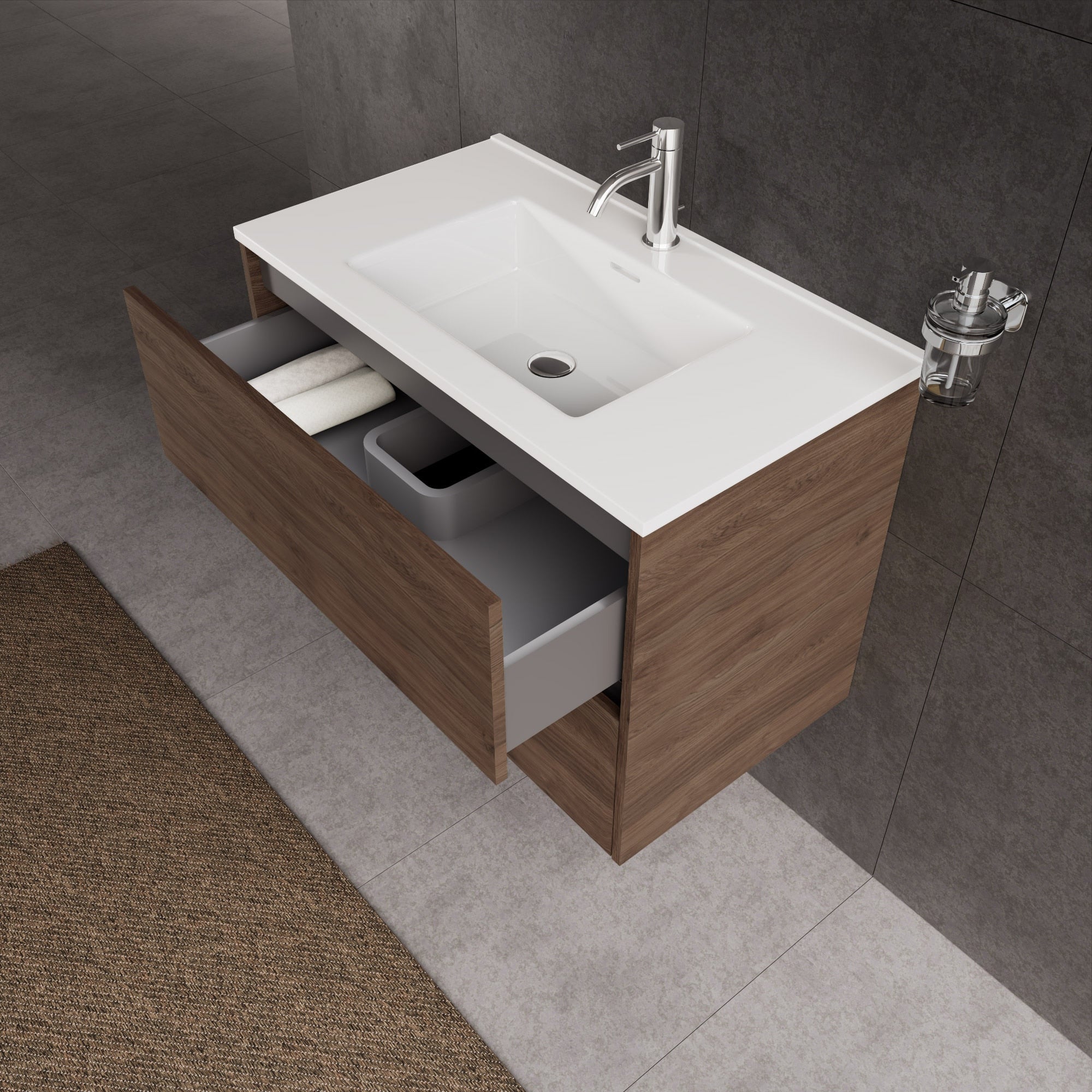 Inda - Mobile bagno L.80 con lavabo lucido / Rovere castano 2 cassetti - Diamante