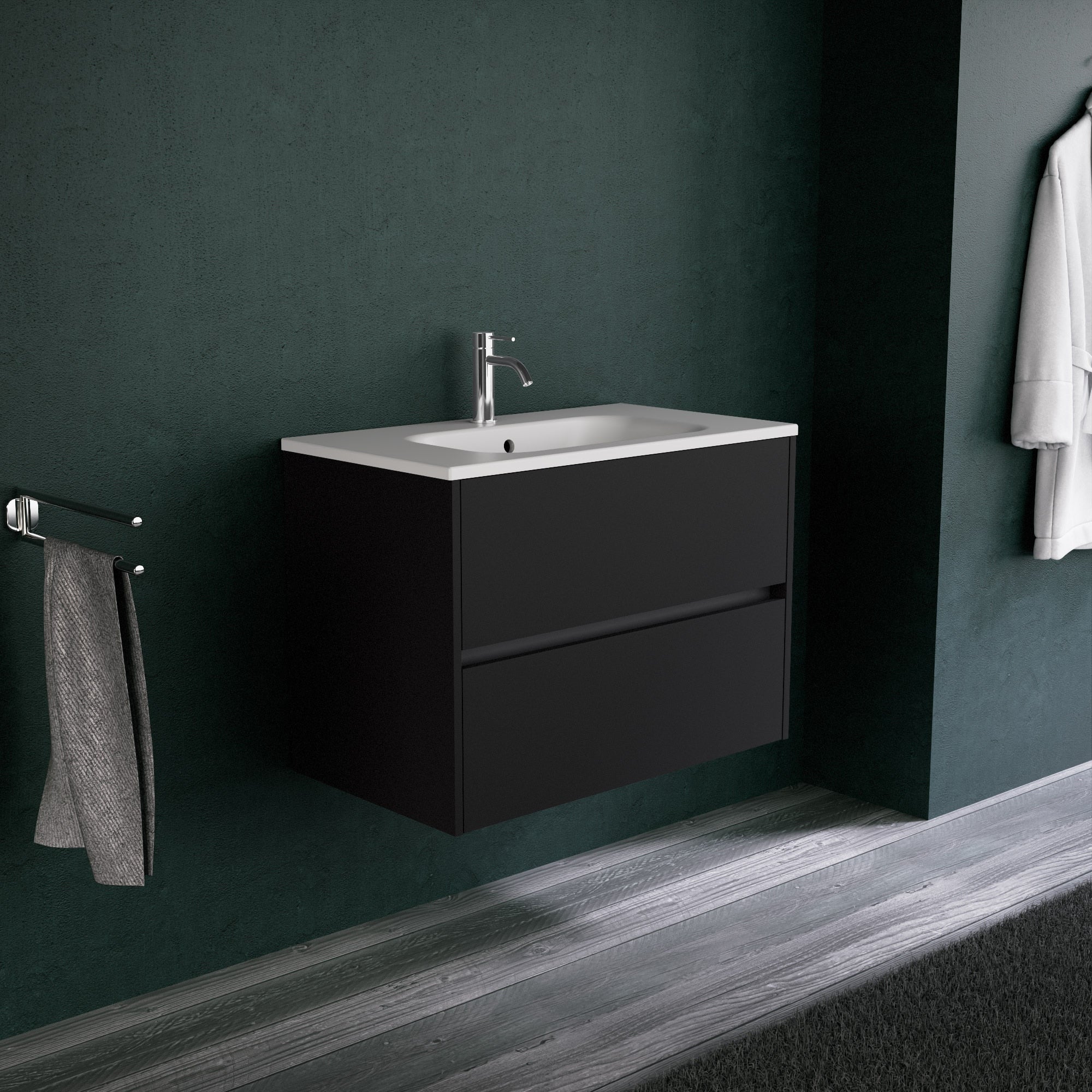 Inda - Mobile bagno L.80 con lavabo opaco / Nero opaco 2 cassetti - Diamante