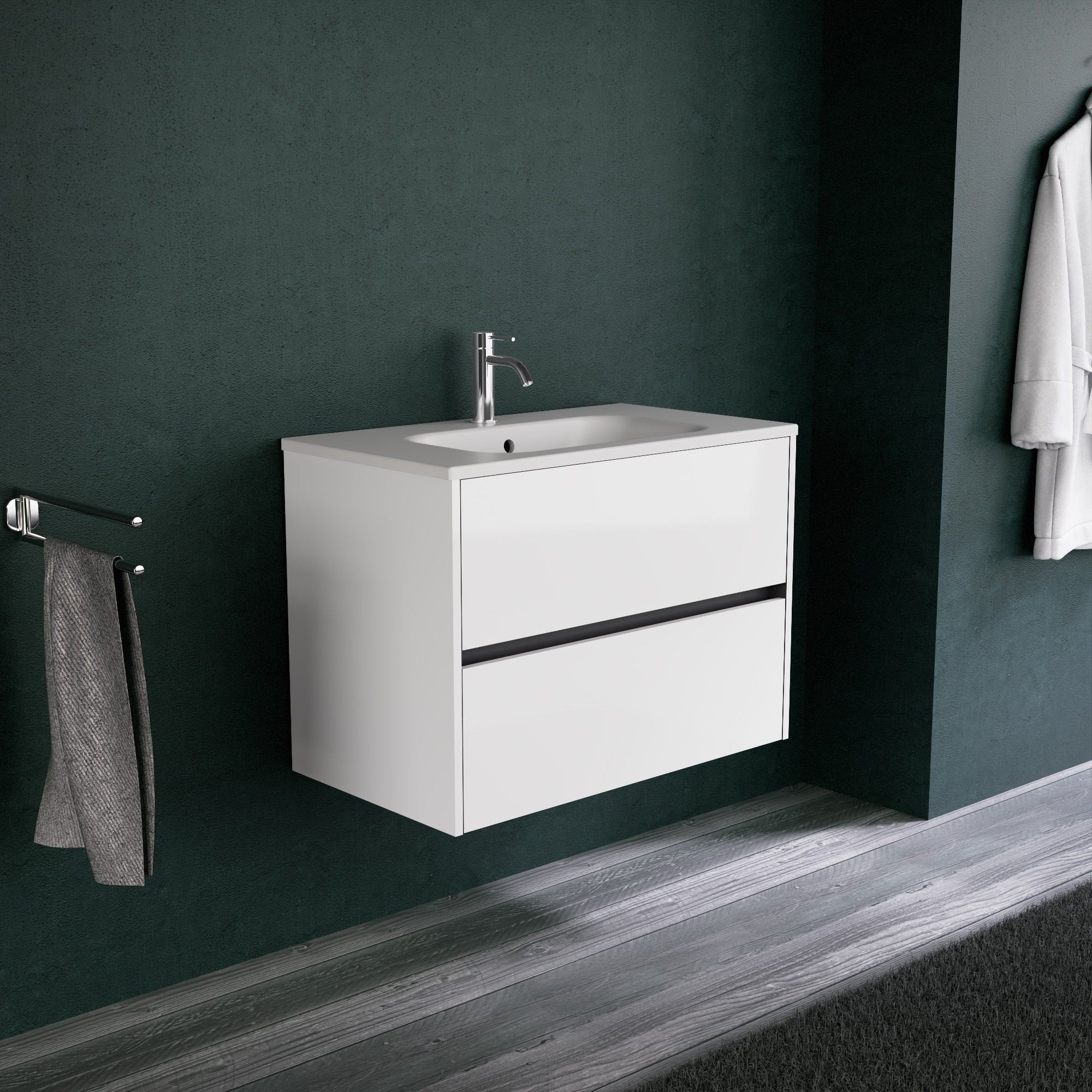 Inda - Mobile bagno L.80 con lavabo opaco / Bianco lucido 2 cassetti - Diamante