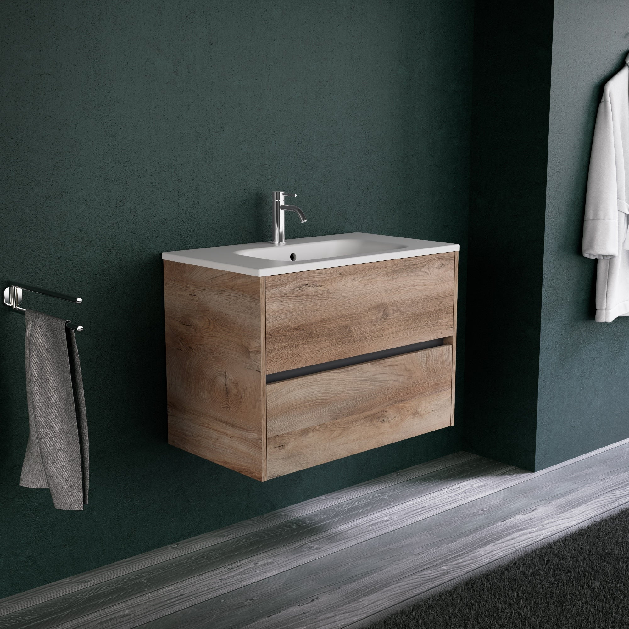 Inda - Mobile bagno L.80 con lavabo opaco / Rovere naturale 2 cassetti - Diamante