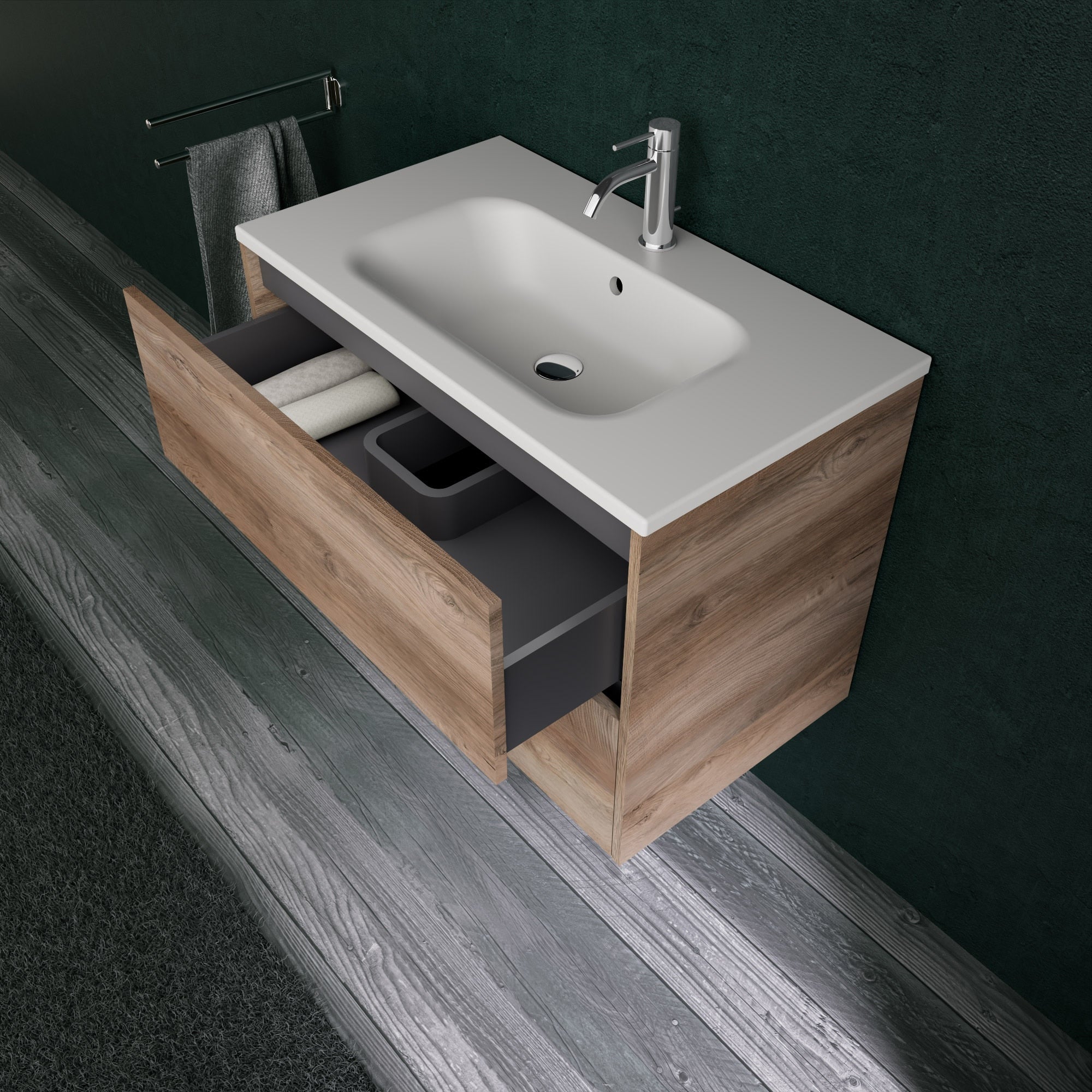 Inda - Mobile bagno L.80 con lavabo opaco / Rovere naturale 2 cassetti - Diamante