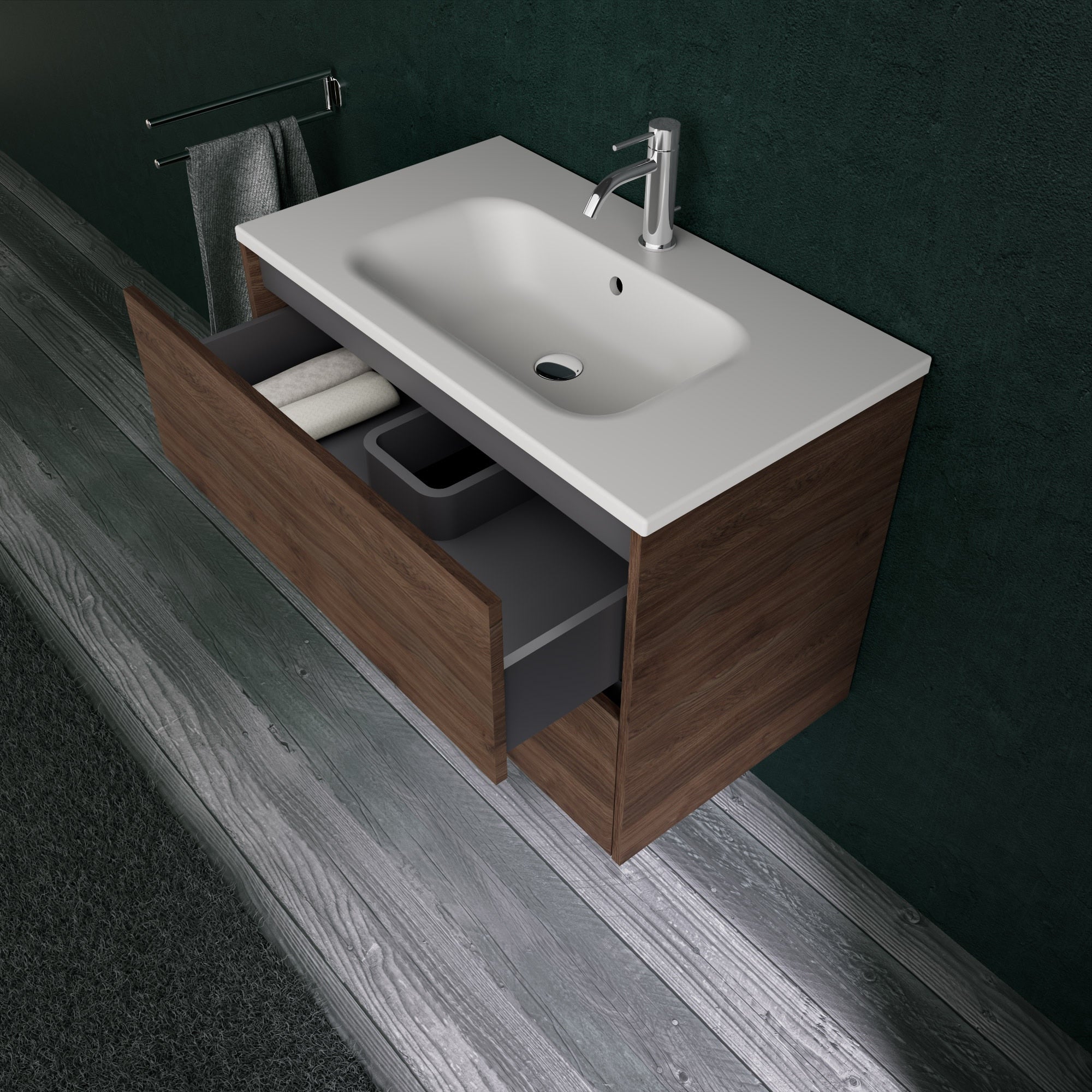 Inda - Mobile bagno L.80 con lavabo opaco / Rovere castano 2 cassetti - Diamante