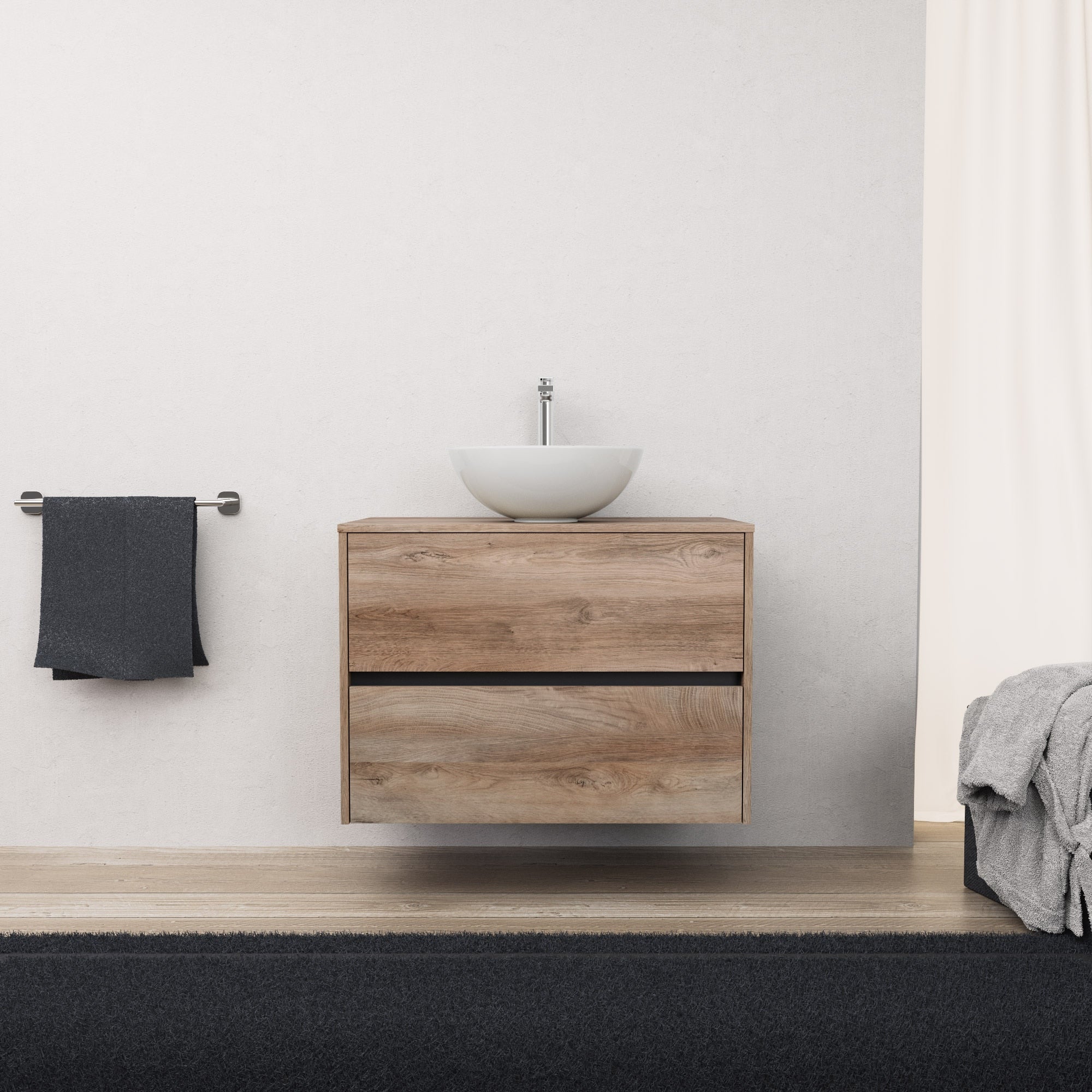 Inda - Mobile bagno L.80 con lavabo in appoggio / Rovere naturale 2 cassetti - Diamante