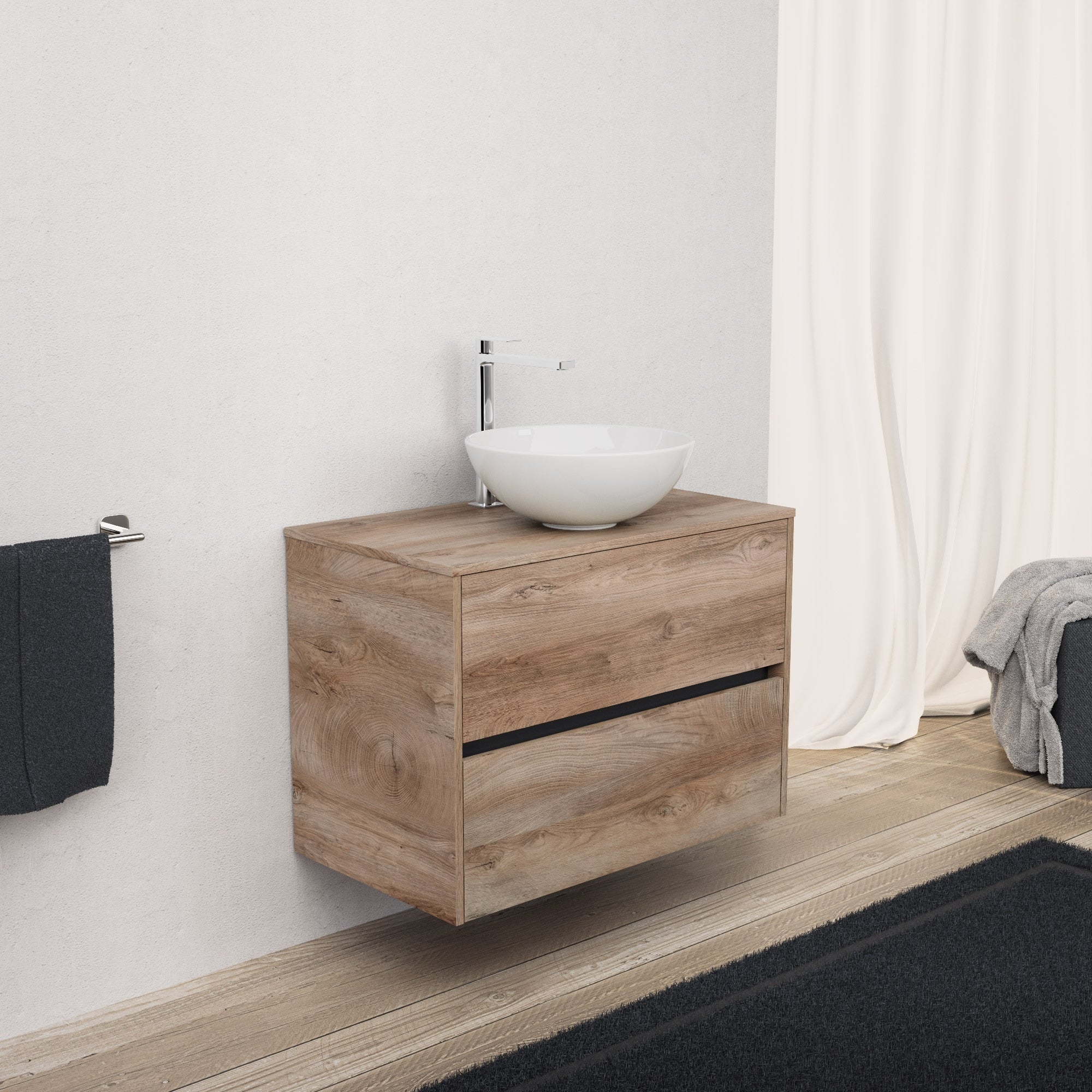Inda - Mobile bagno L.80 con lavabo in appoggio / Rovere naturale 2 cassetti - Diamante