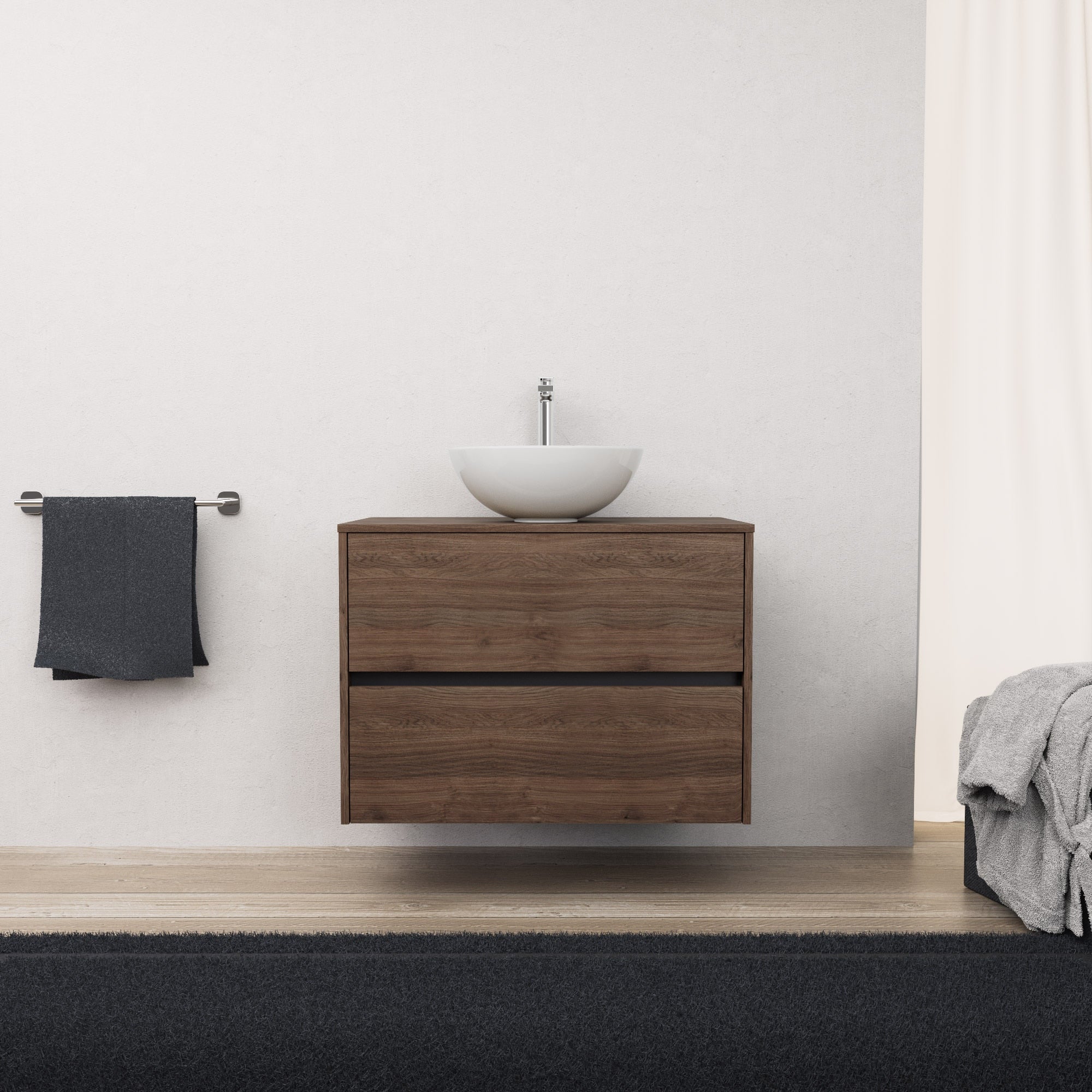 Inda - Mobile bagno L.80 con lavabo in appoggio / Rovere castano 2 cassetti - Diamante