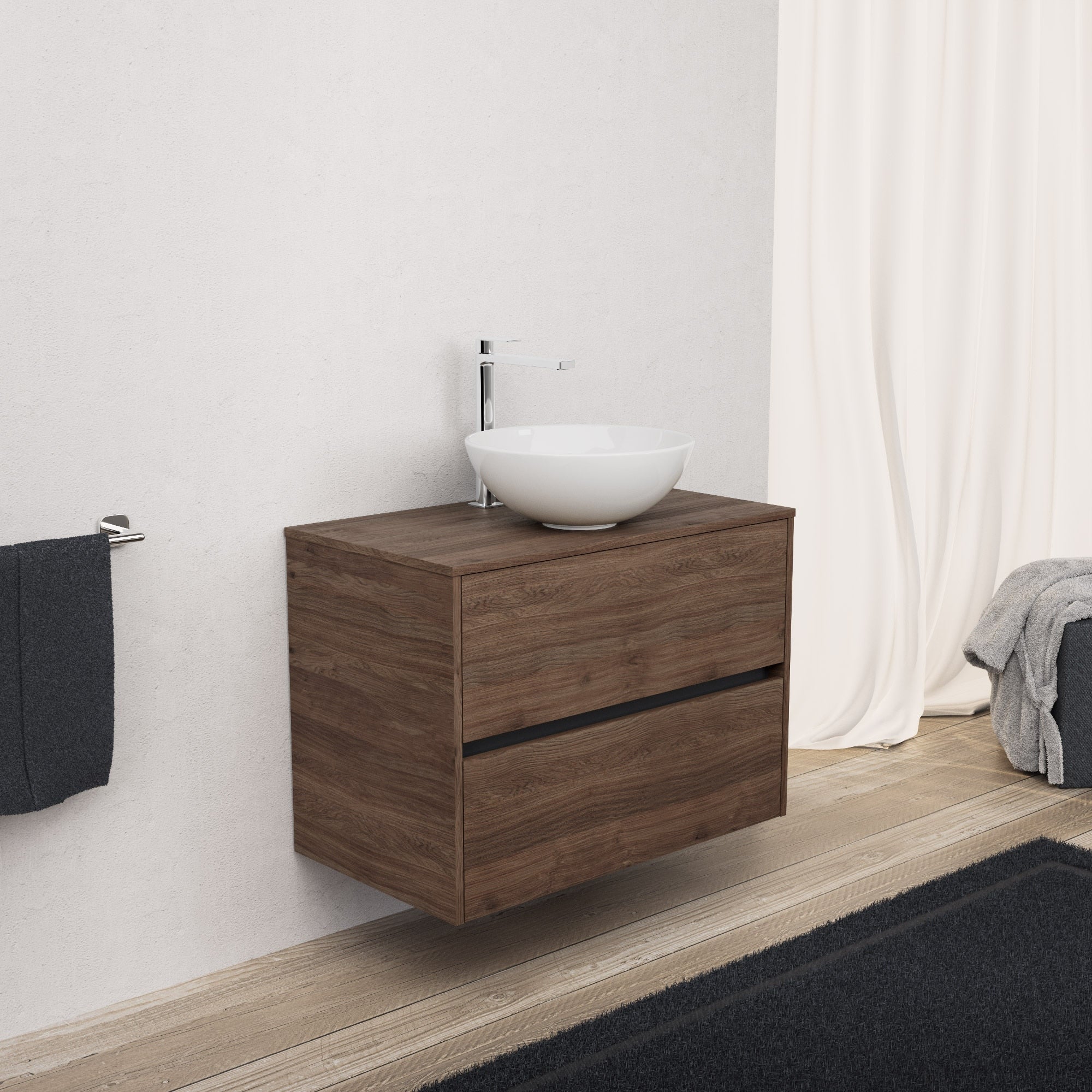 Inda - Mobile bagno L.80 con lavabo in appoggio / Rovere castano 2 cassetti - Diamante