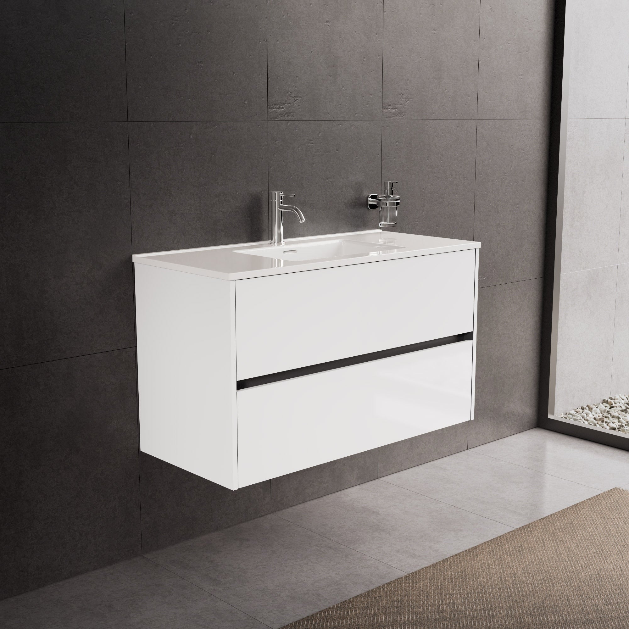Inda - Mobile bagno L.100 con lavabo lucido / Bianco lucido 2 cassetti - Diamante