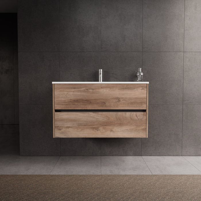 Inda - Mobile bagno L.100 con lavabo lucido / Rovere naturale 2 cassetti - Diamante