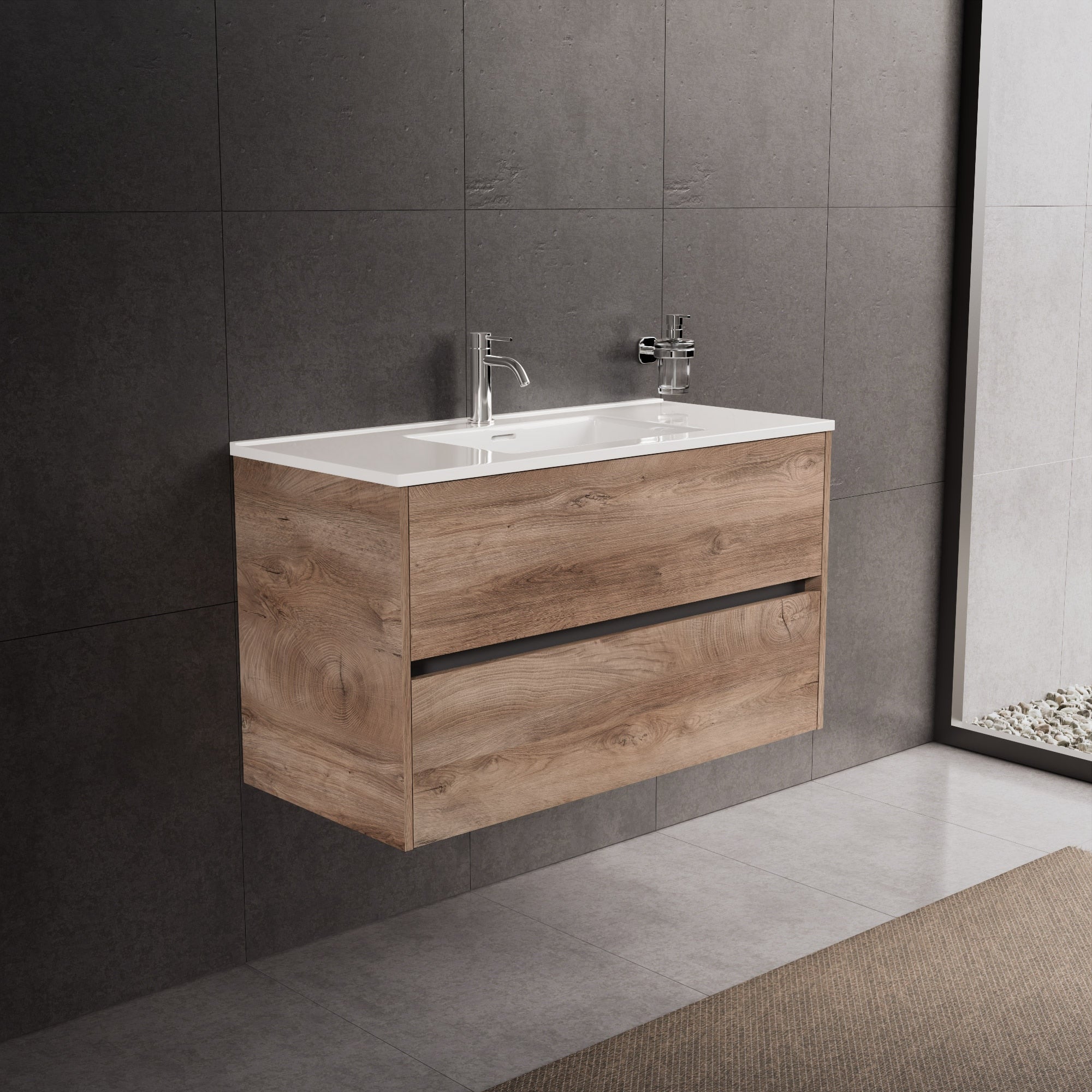 Inda - Mobile bagno L.100 con lavabo lucido / Rovere naturale 2 cassetti - Diamante