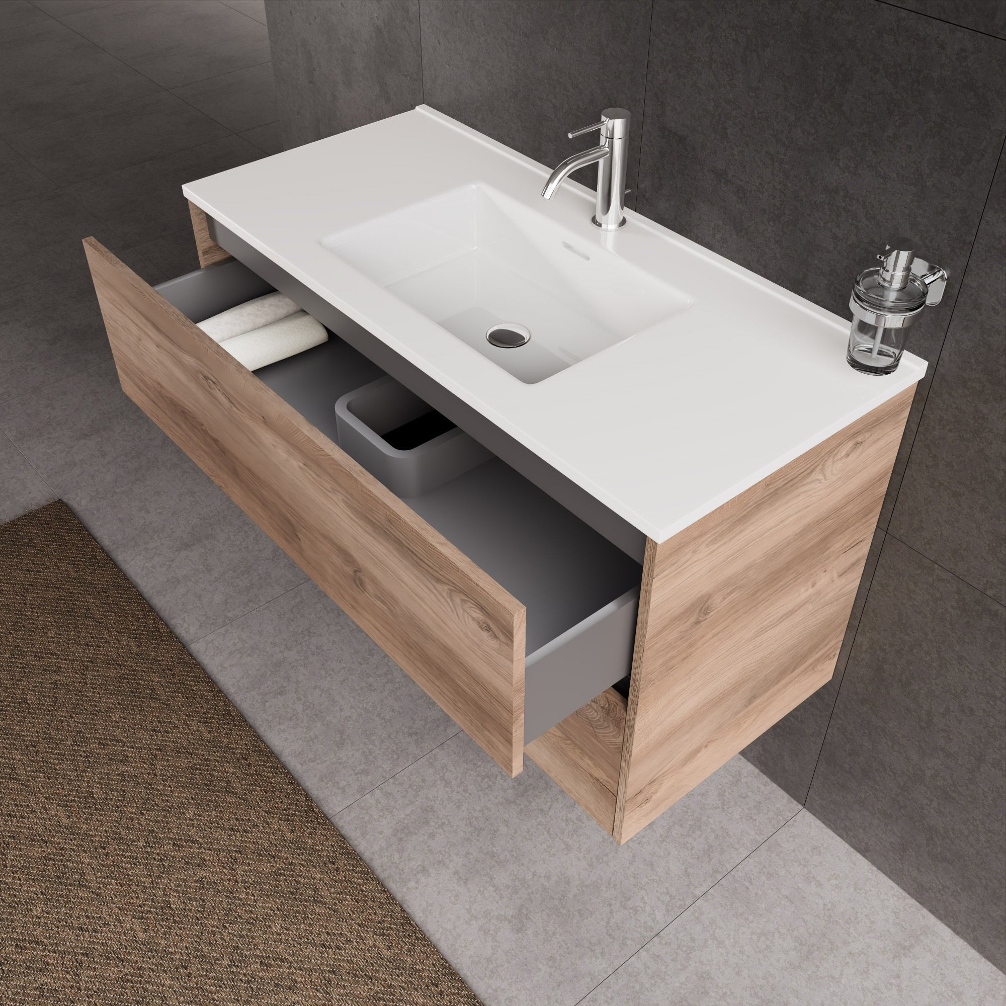 Inda - Mobile bagno L.100 con lavabo lucido / Rovere naturale 2 cassetti - Diamante