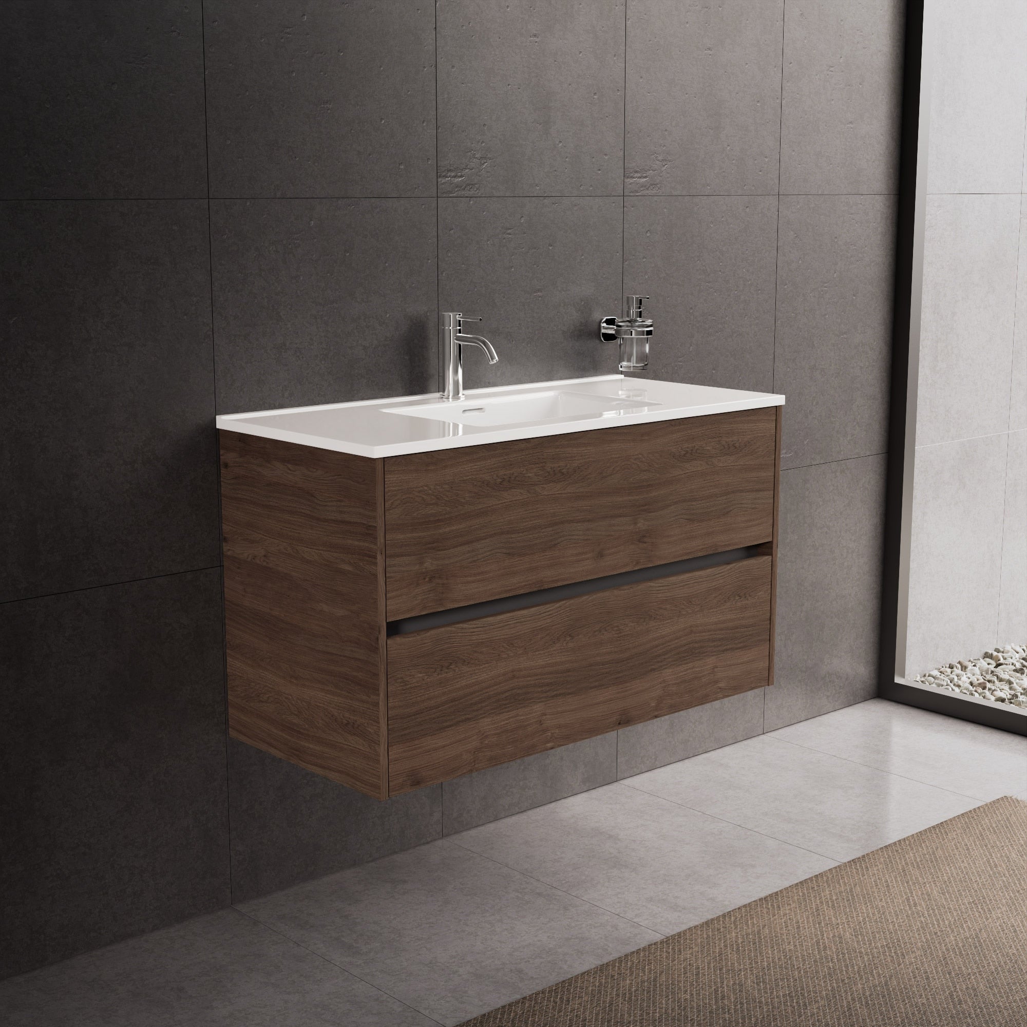 Inda - Mobile bagno L.100 con lavabo lucido / Rovere castano 2 cassetti - Diamante