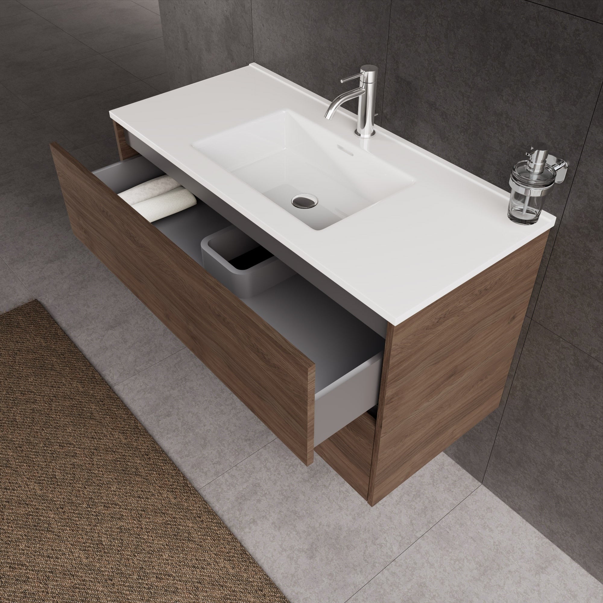 Inda - Mobile bagno L.100 con lavabo lucido / Rovere castano 2 cassetti - Diamante