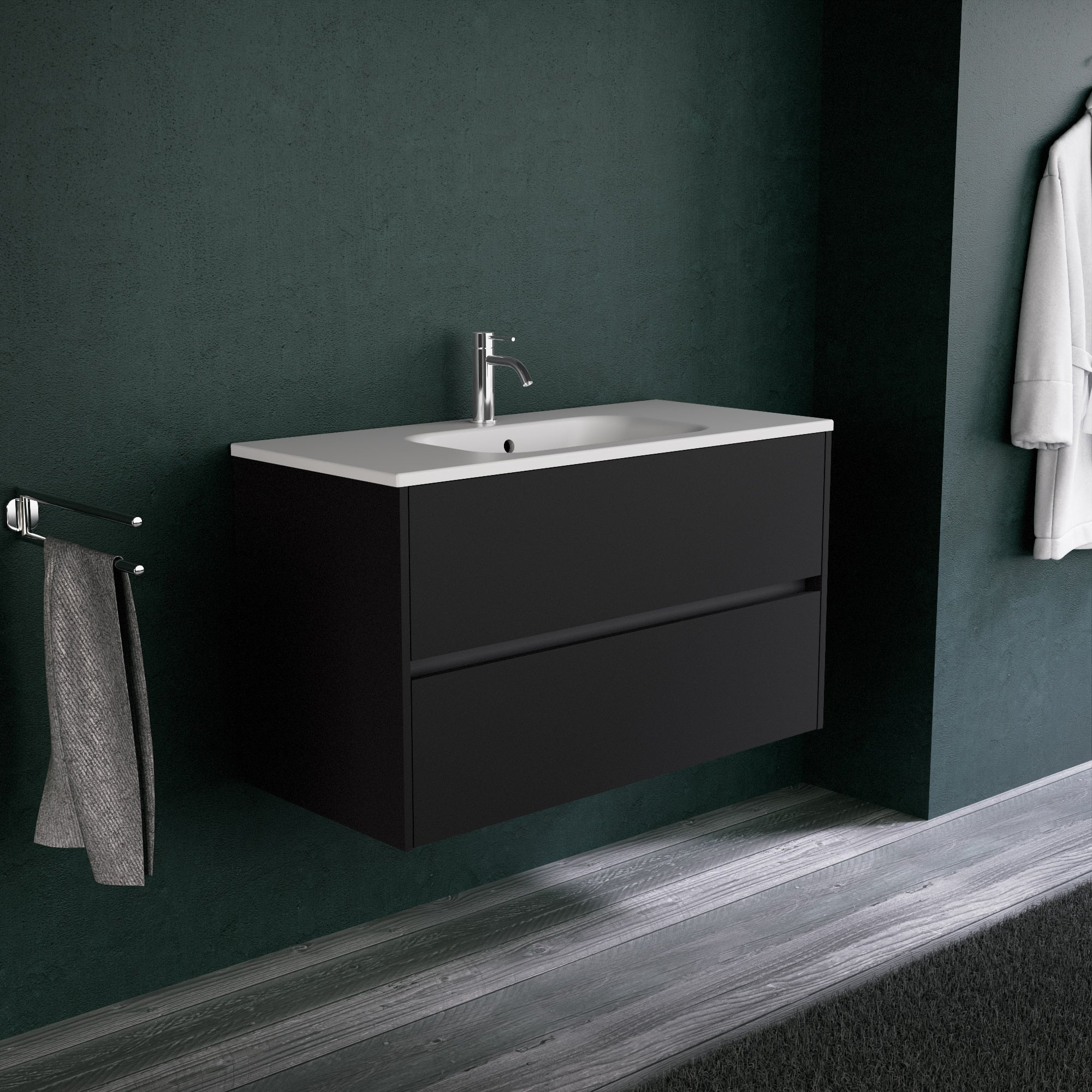 Inda - Mobile bagno L.100 con lavabo opaco / Nero opaco 2 cassetti - Diamante