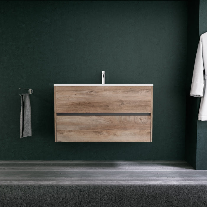Inda - Mobile bagno L.100 con lavabo opaco / Rovere naturale 2 cassetti - Diamante