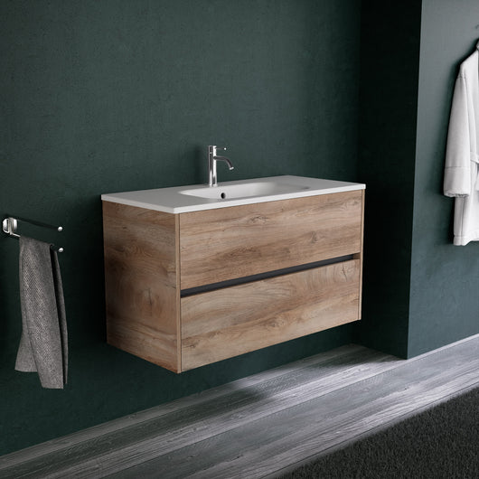 Inda - Mobile bagno L.100 con lavabo opaco / Rovere naturale 2 cassetti - Diamante