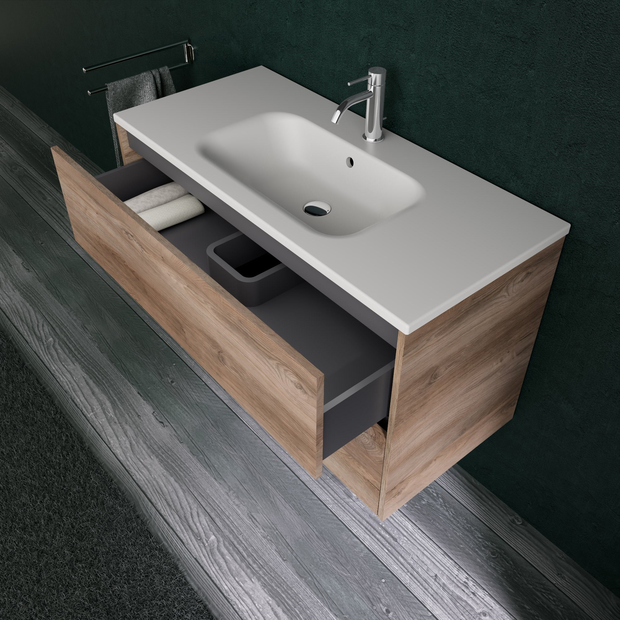 Inda - Mobile bagno L.100 con lavabo opaco / Rovere naturale 2 cassetti - Diamante