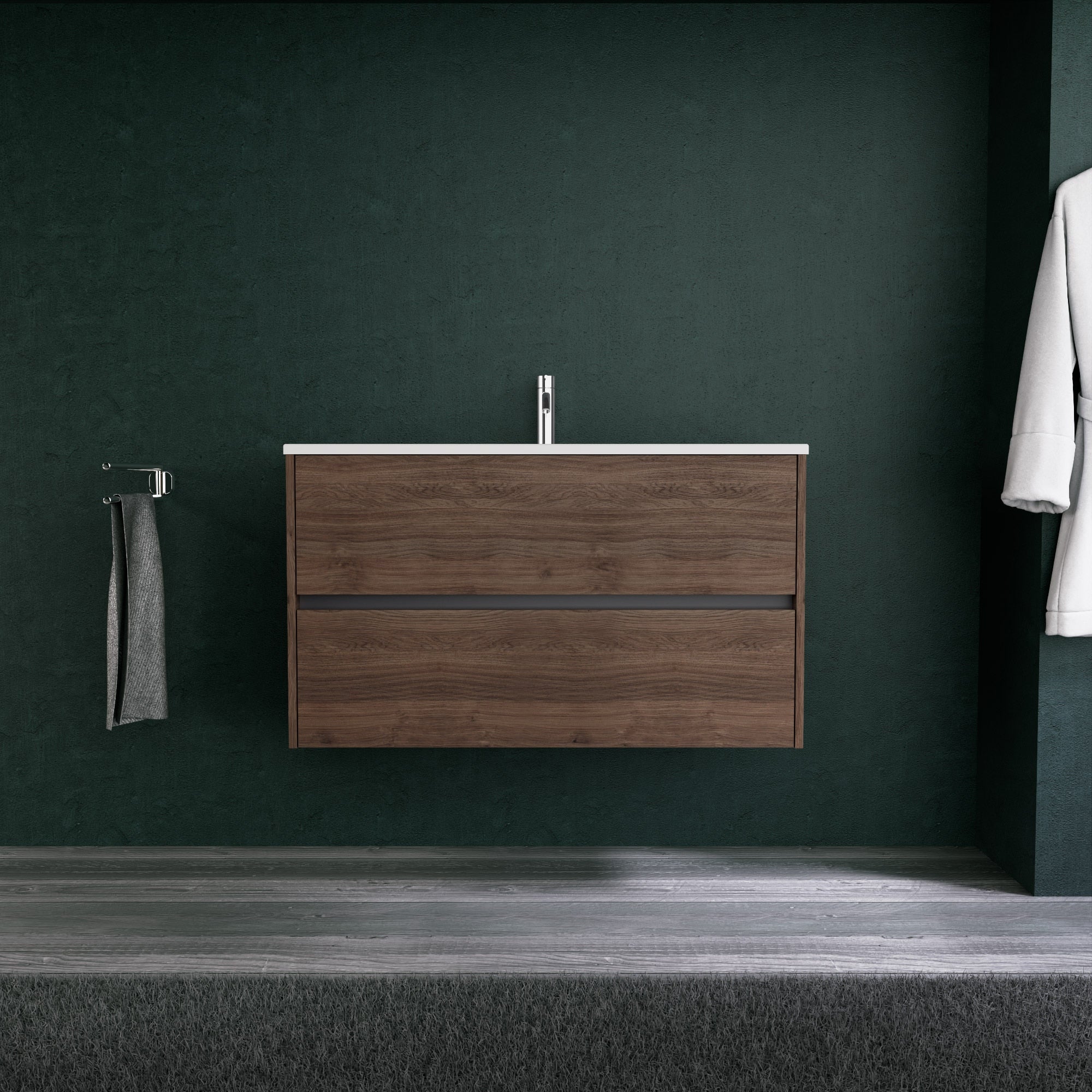 Inda - Mobile bagno L.100 con lavabo opaco / Rovere castano 2 cassetti - Diamante