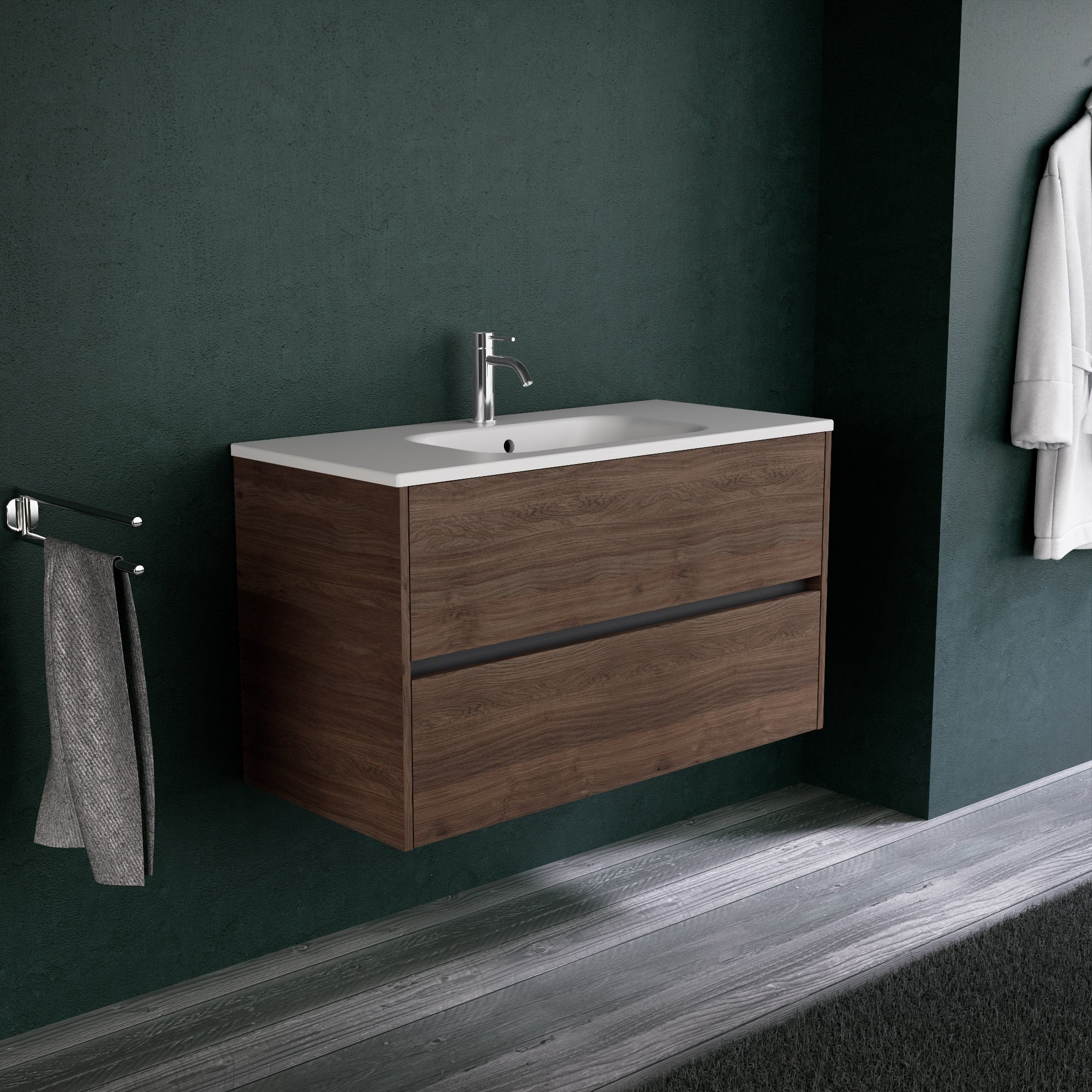 Inda - Mobile bagno L.100 con lavabo opaco / Rovere castano 2 cassetti - Diamante