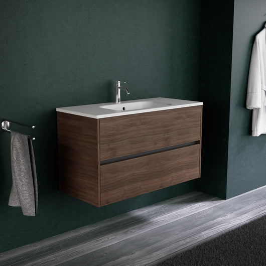 Inda - Mobile bagno L.100 con lavabo opaco / Rovere castano 2 cassetti - Diamante
