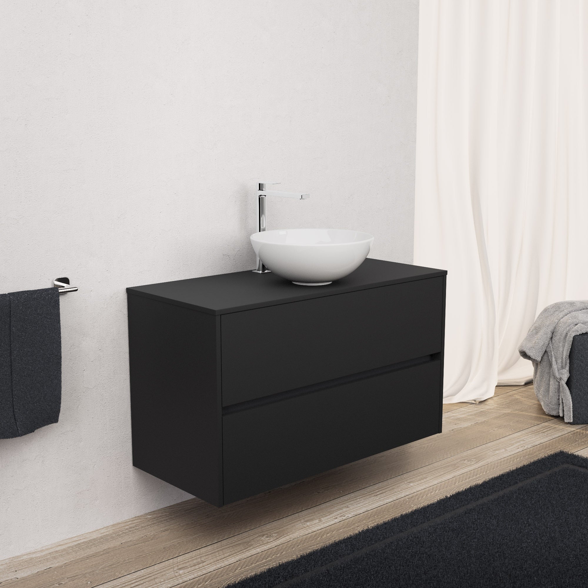 Inda - Mobile bagno L.100 con lavabo in appoggio / Nero opaco 2 cassetti - Diamante