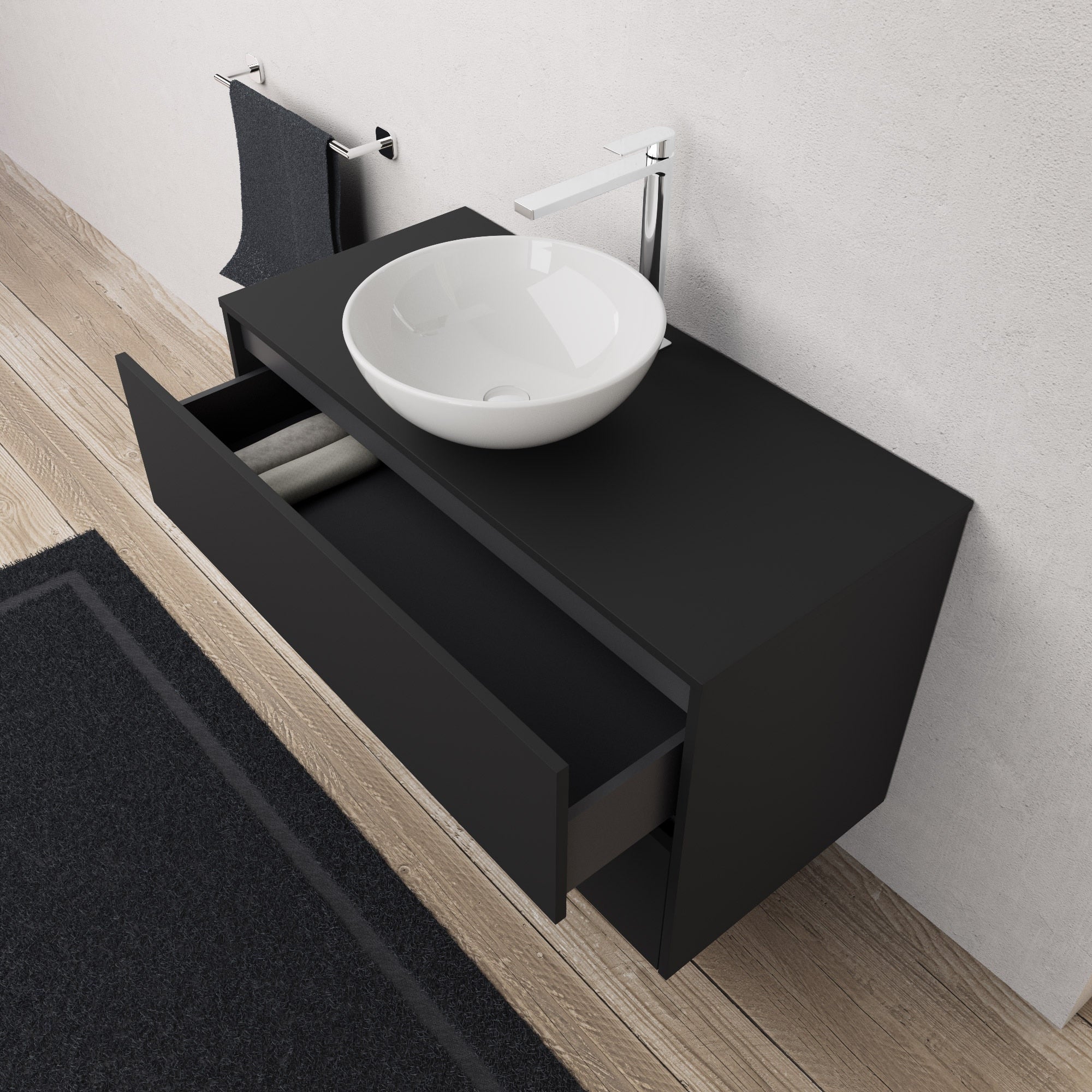 Inda - Mobile bagno L.100 con lavabo in appoggio / Nero opaco 2 cassetti - Diamante