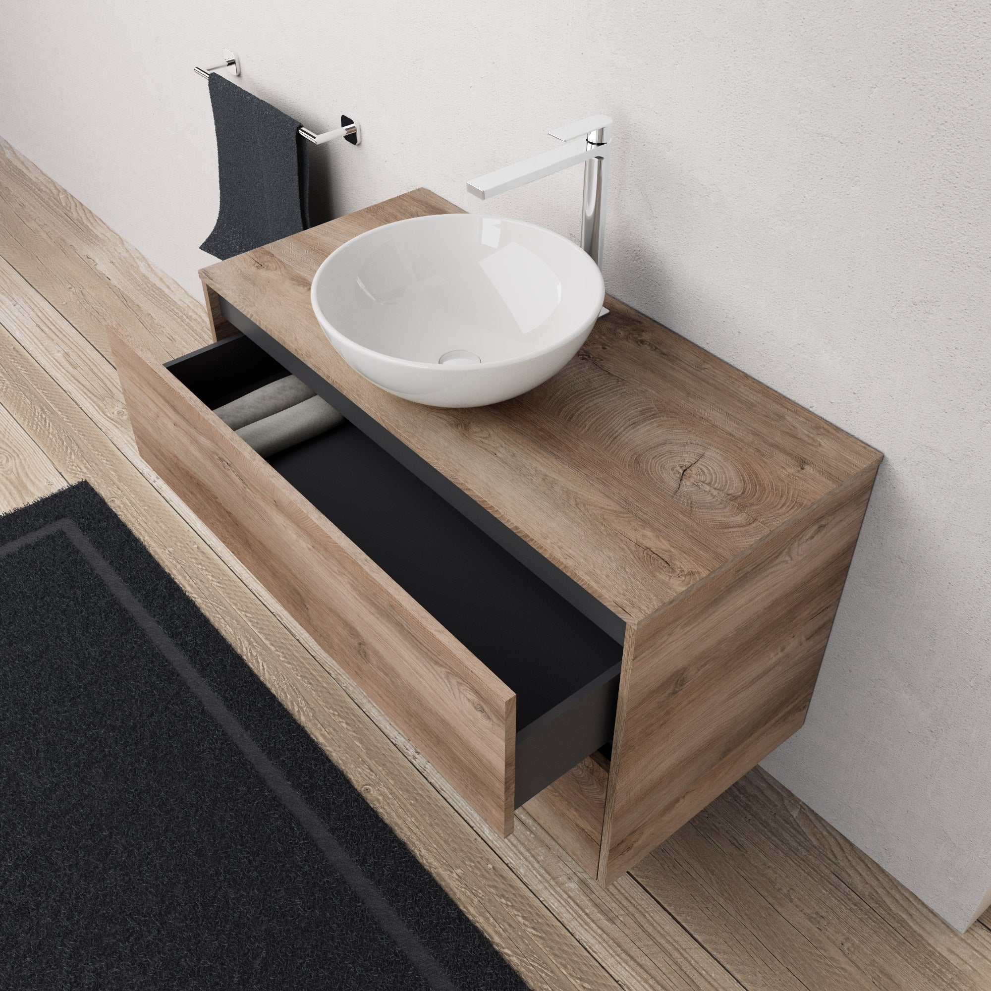 Inda - Mobile bagno L.100 con lavabo in appoggio / Rovere naturale 2 cassetti - Diamante