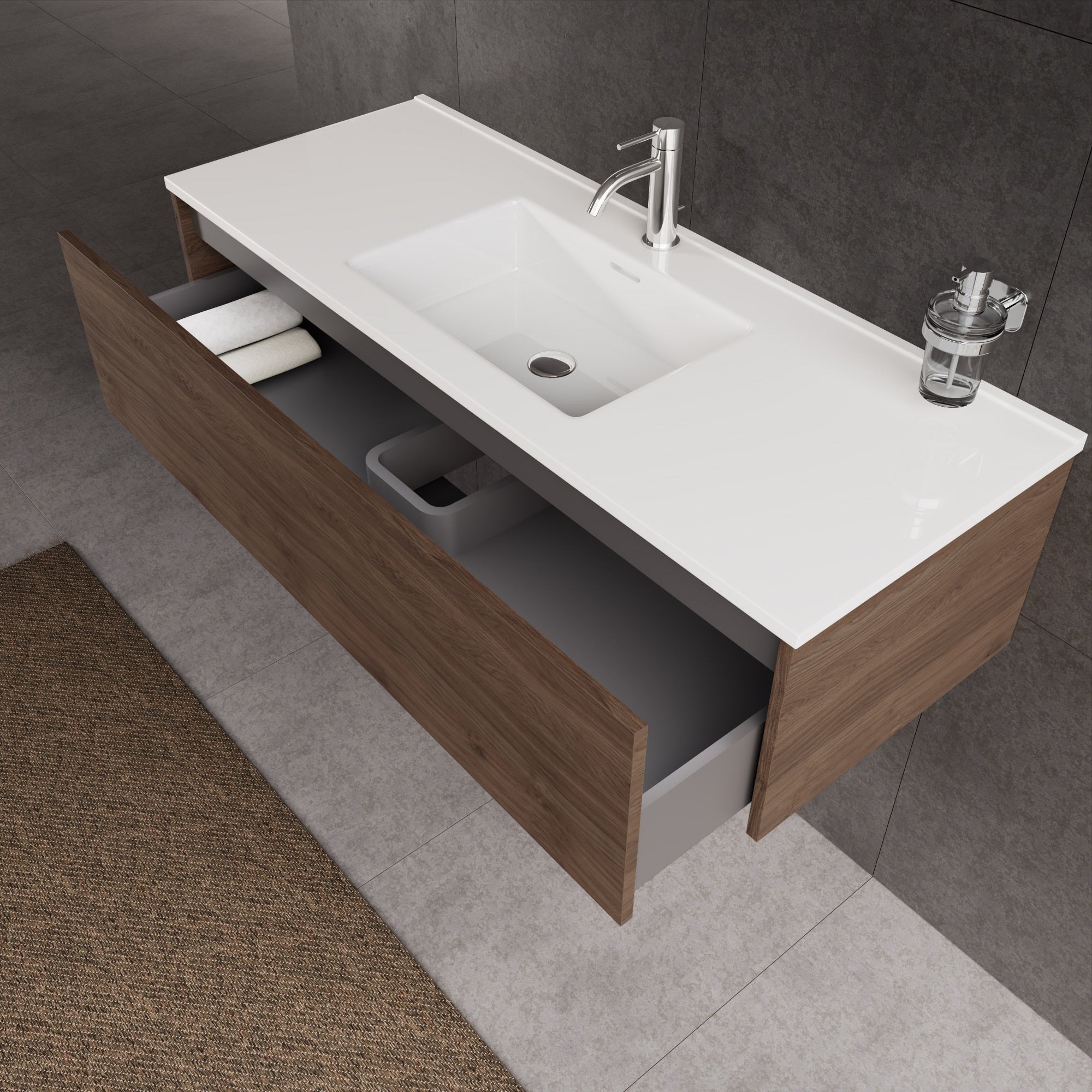 Inda - Mobile bagno L.120 con lavabo lucido / Rovere castano 1 cassetto - Diamante