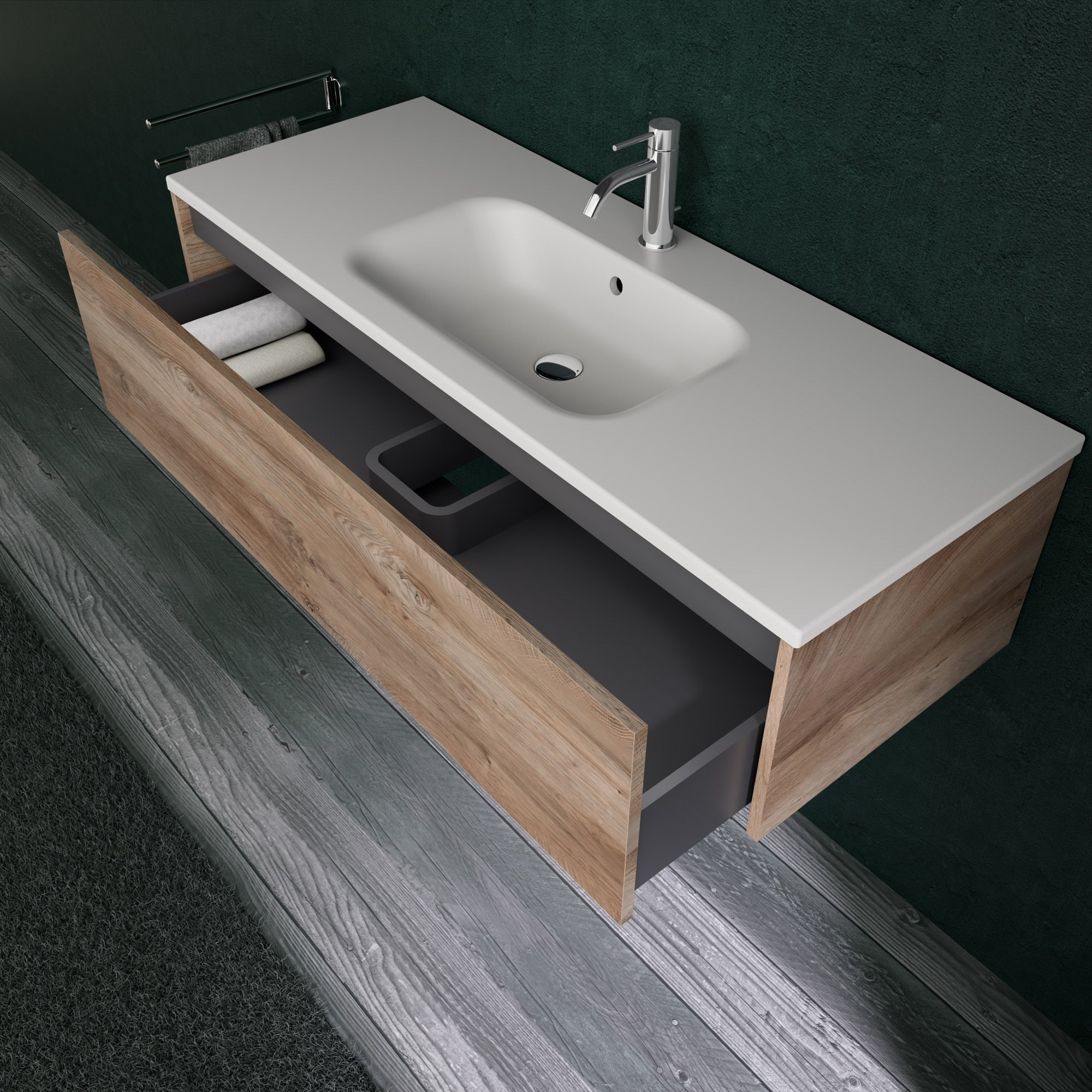 Inda - Mobile bagno L.120 con lavabo opaco / Rovere naturale 1 cassetto - Diamante