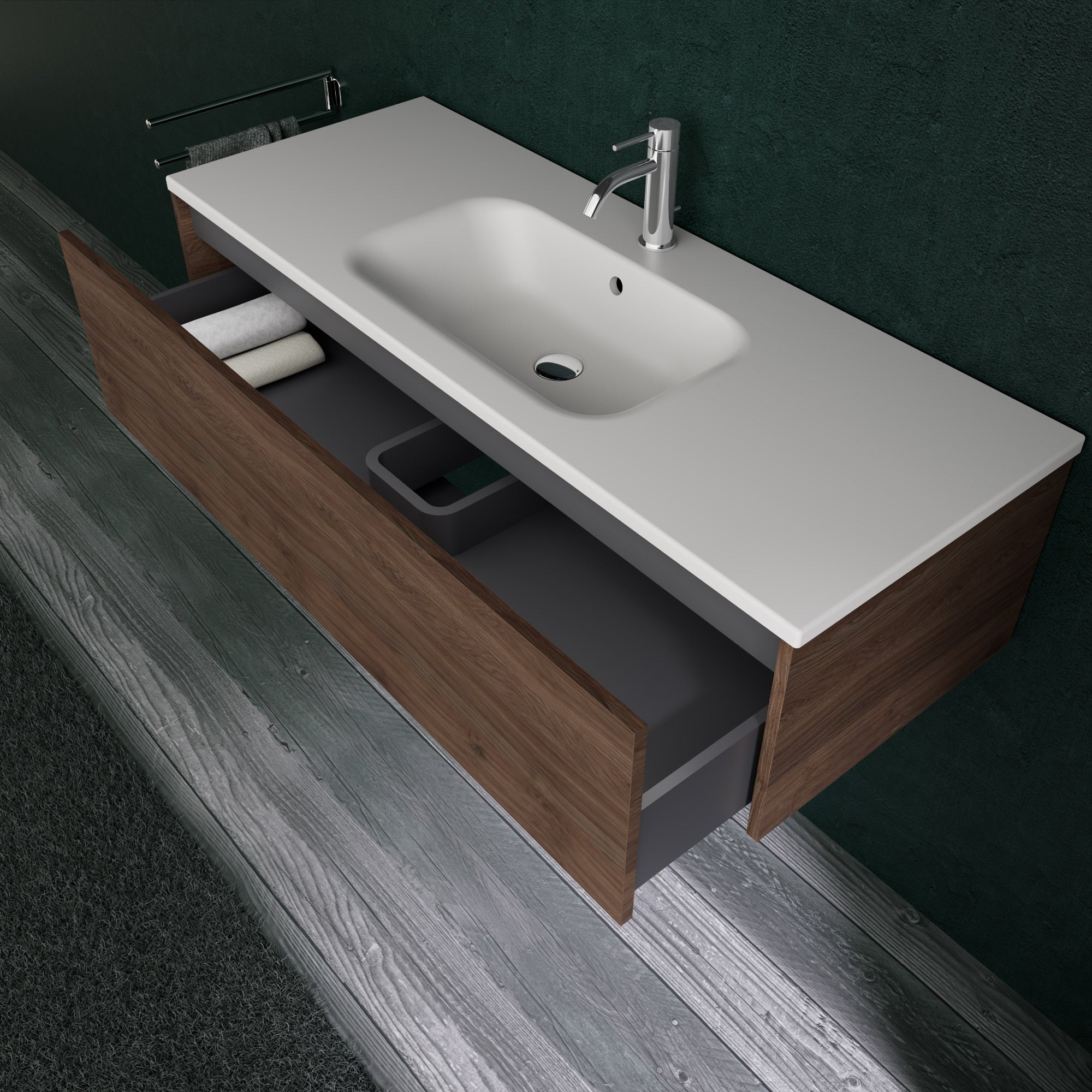 Inda - Mobile bagno L.120 con lavabo opaco / Rovere castano 1 cassetto - Diamante