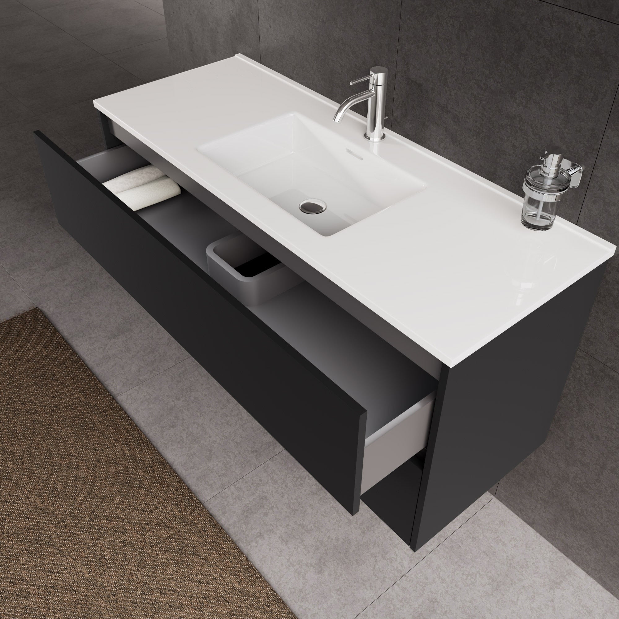 Inda - Mobile bagno L.120 con lavabo lucido / Nero opaco 2 cassetti - Diamante