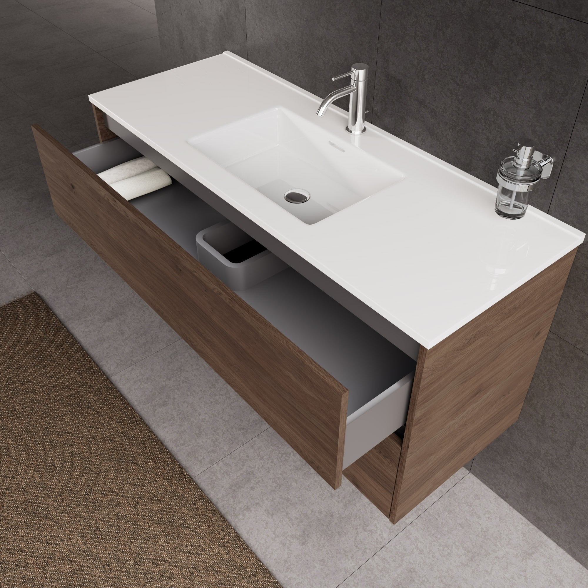 Inda - Mobile bagno L.120 con lavabo lucido / Rovere castano 2 cassetti - Diamante