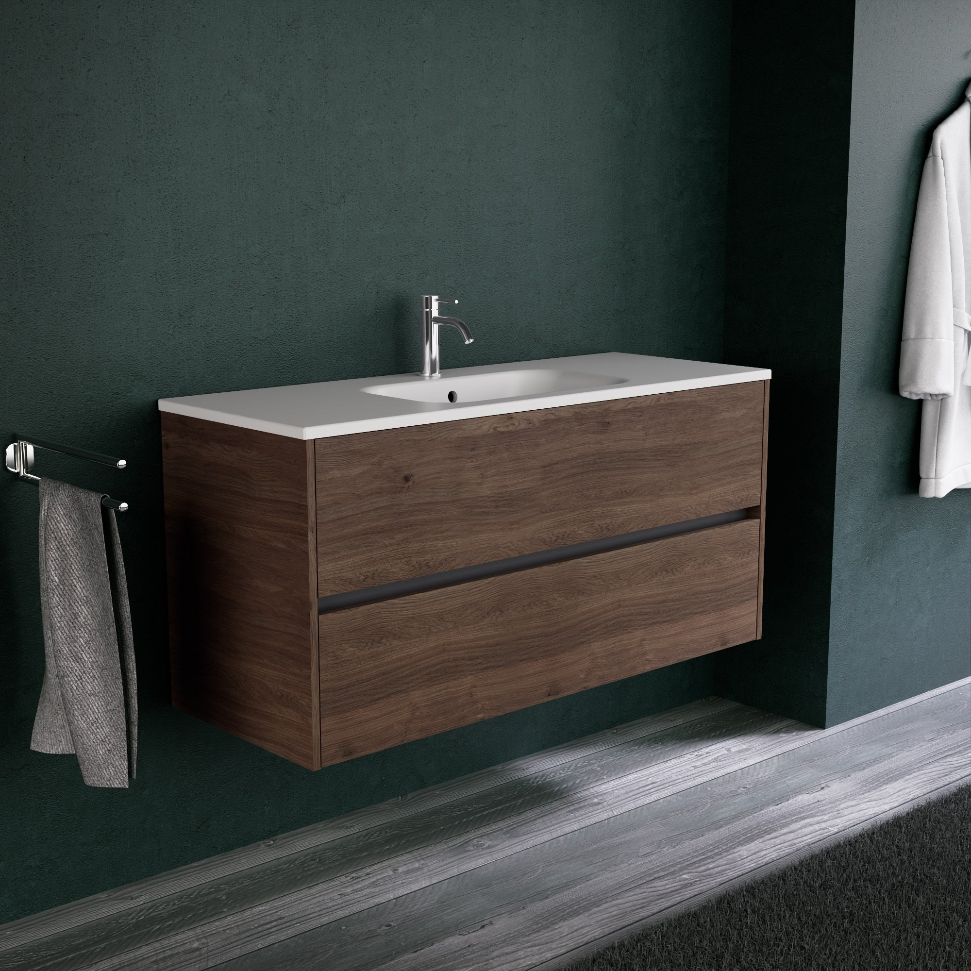 Inda - Mobile bagno L.120 con lavabo opaco / Rovere castano 2 cassetti - Diamante