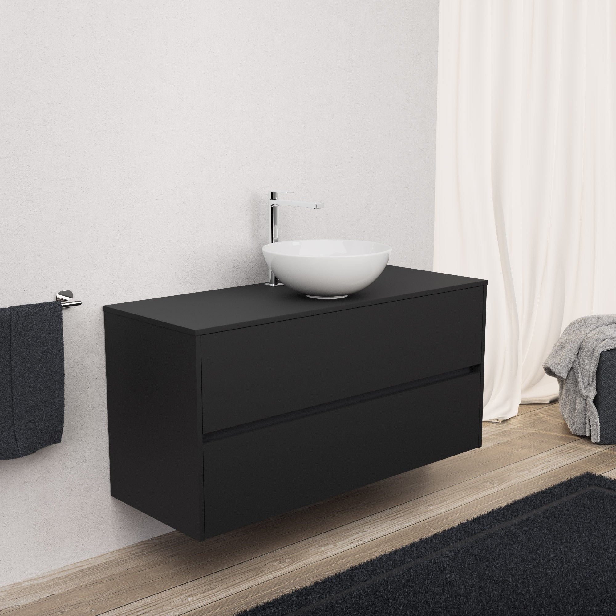 Inda - Mobile bagno L.120 con lavabo in appoggio / Nero opaco 2 cassetti - Diamante