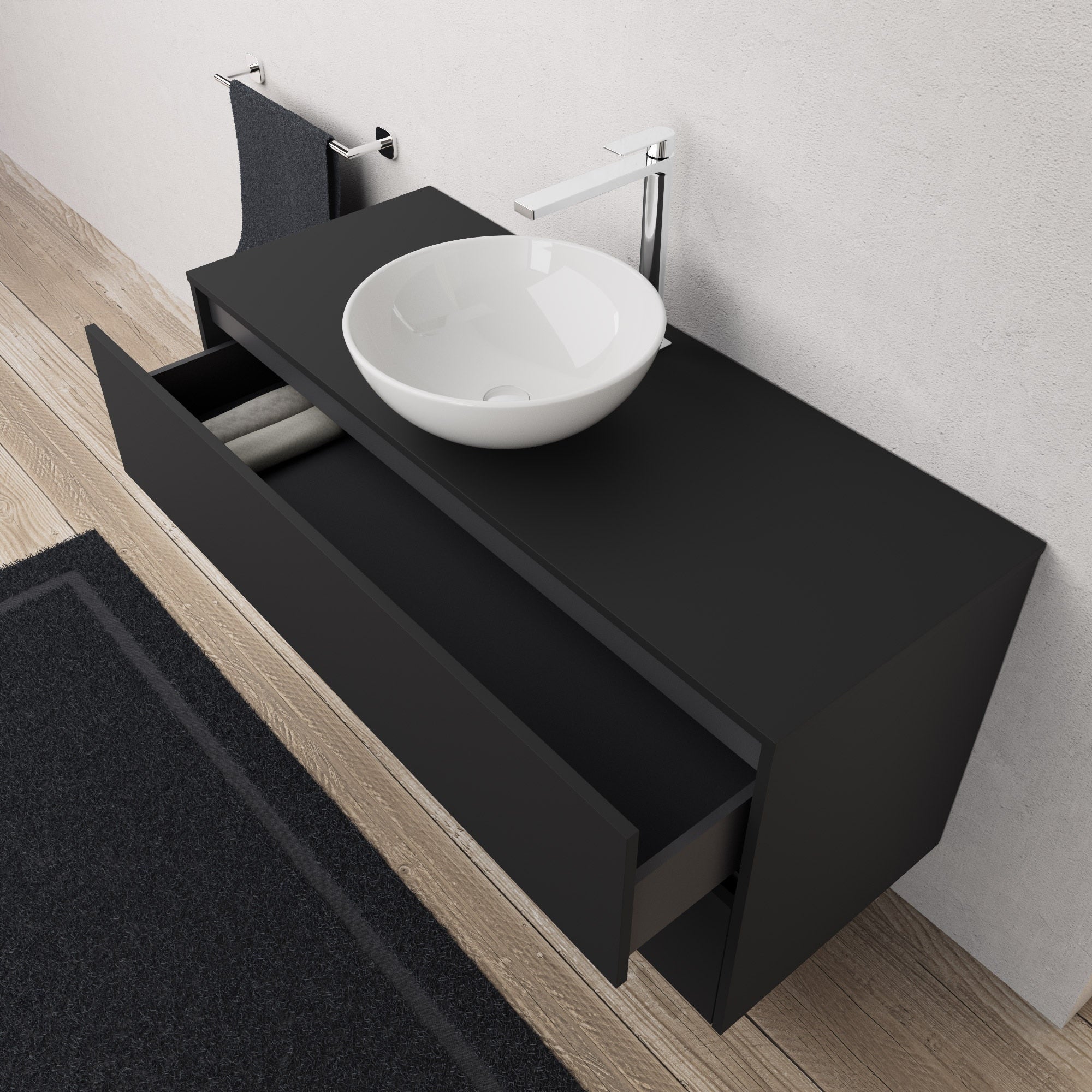 Inda - Mobile bagno L.120 con lavabo in appoggio / Nero opaco 2 cassetti - Diamante