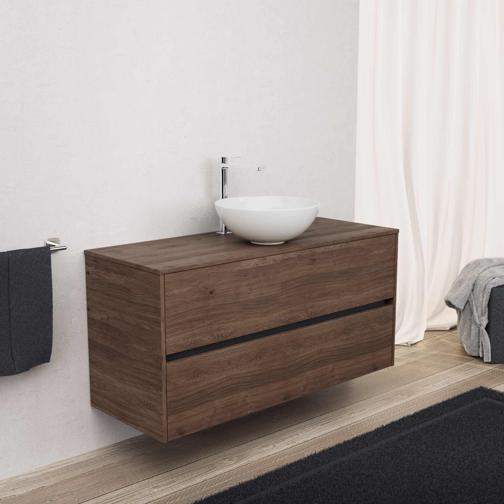 Inda - Mobile bagno L.120 con lavabo in appoggio / Rovere castano 2 cassetti - Diamante