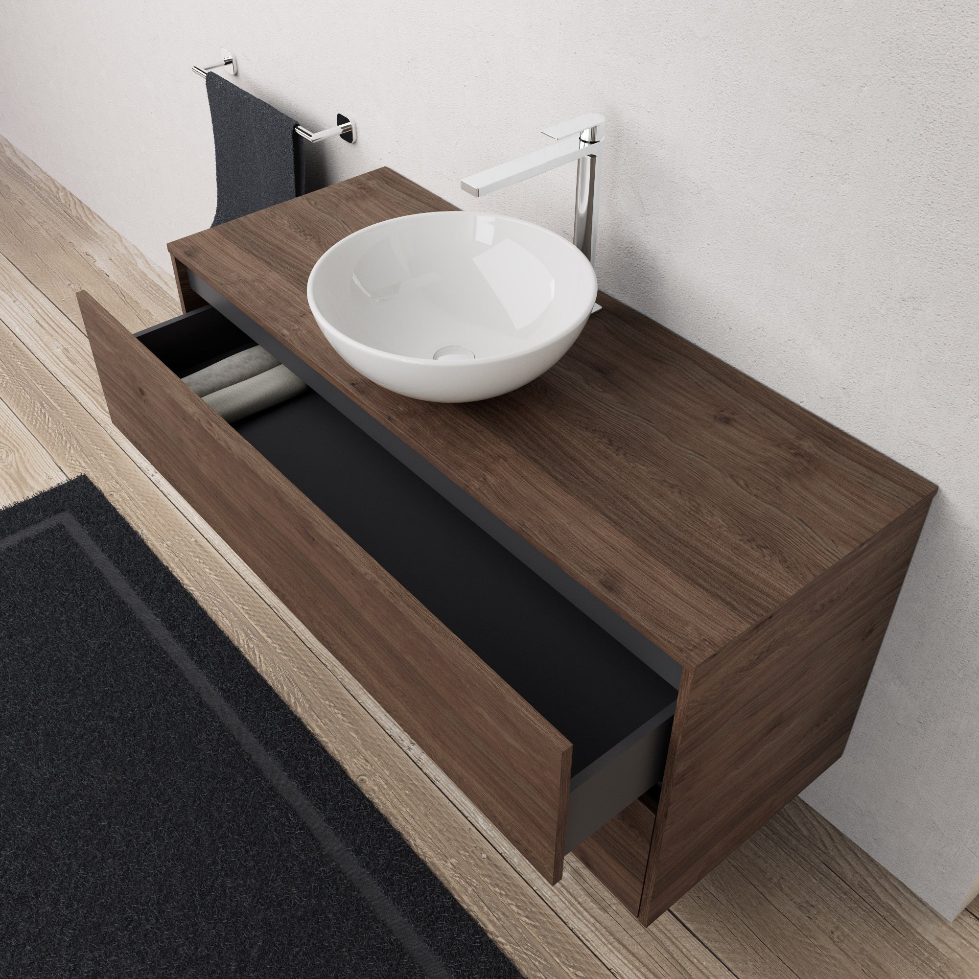 Inda - Mobile bagno L.120 con lavabo in appoggio / Rovere castano 2 cassetti - Diamante