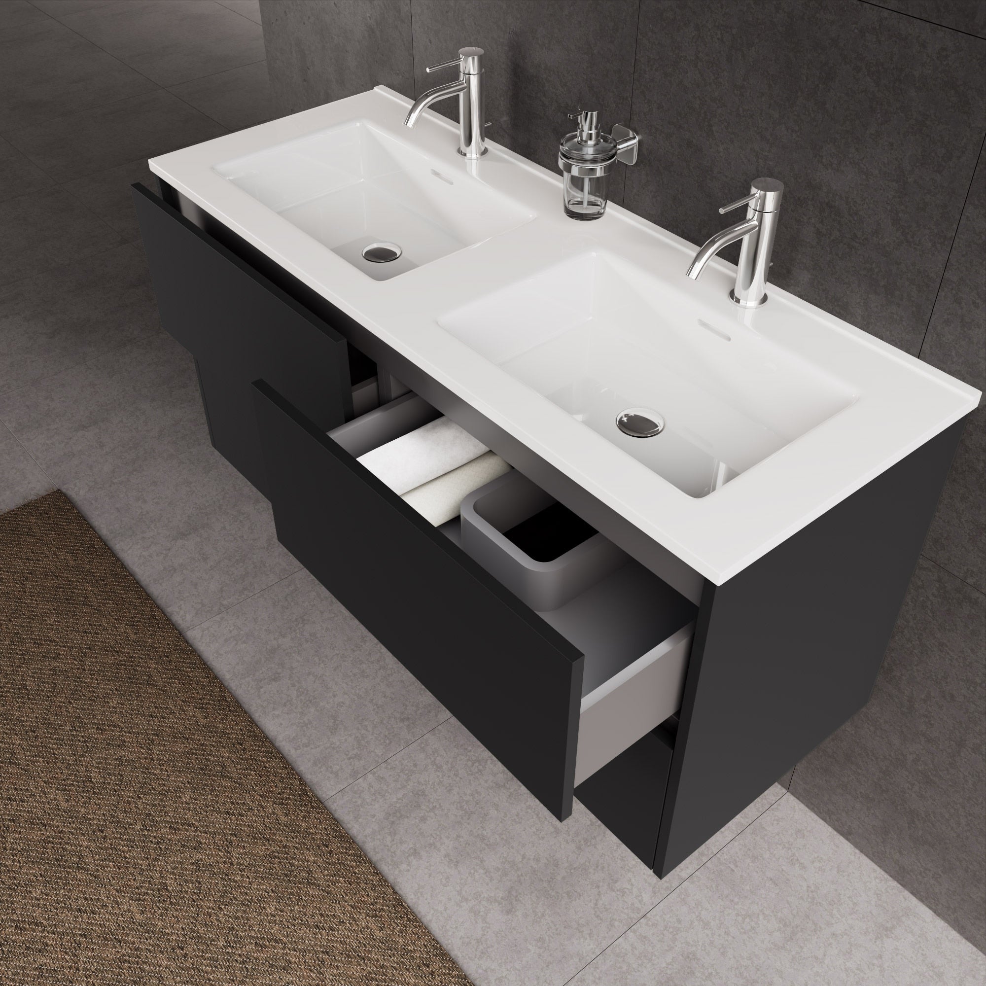 Inda - Mobile bagno L.120 con doppio lavabo lucido / Nero opaco 4 cassetti - Diamante